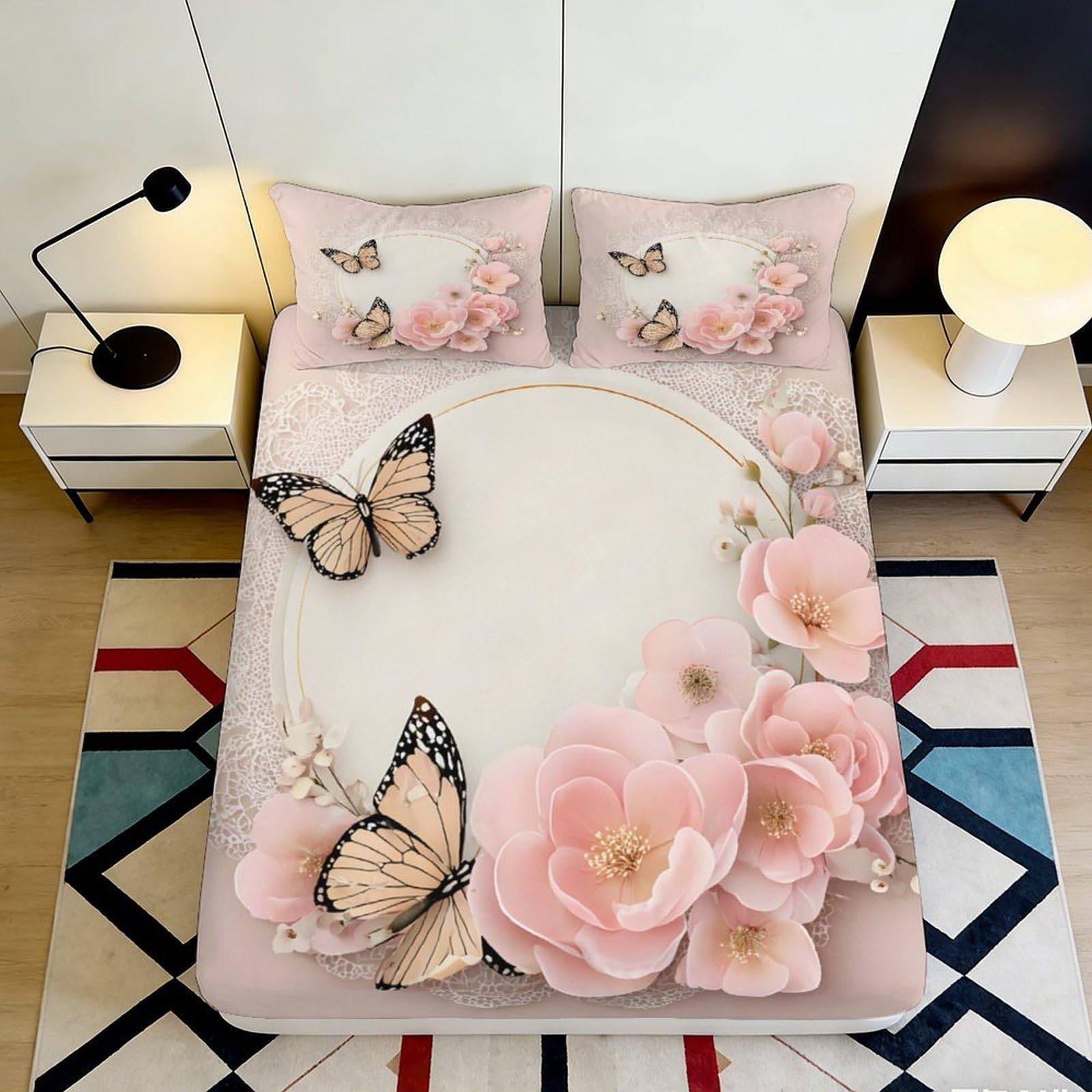 Jqzkxnhpbr Style-5 3D Printed Pink Flower Fitted Sheet Microfiber Soft Butterfly Mattress Cover For Bedroom Guest Room Decor Easy Care 90X200x25cm