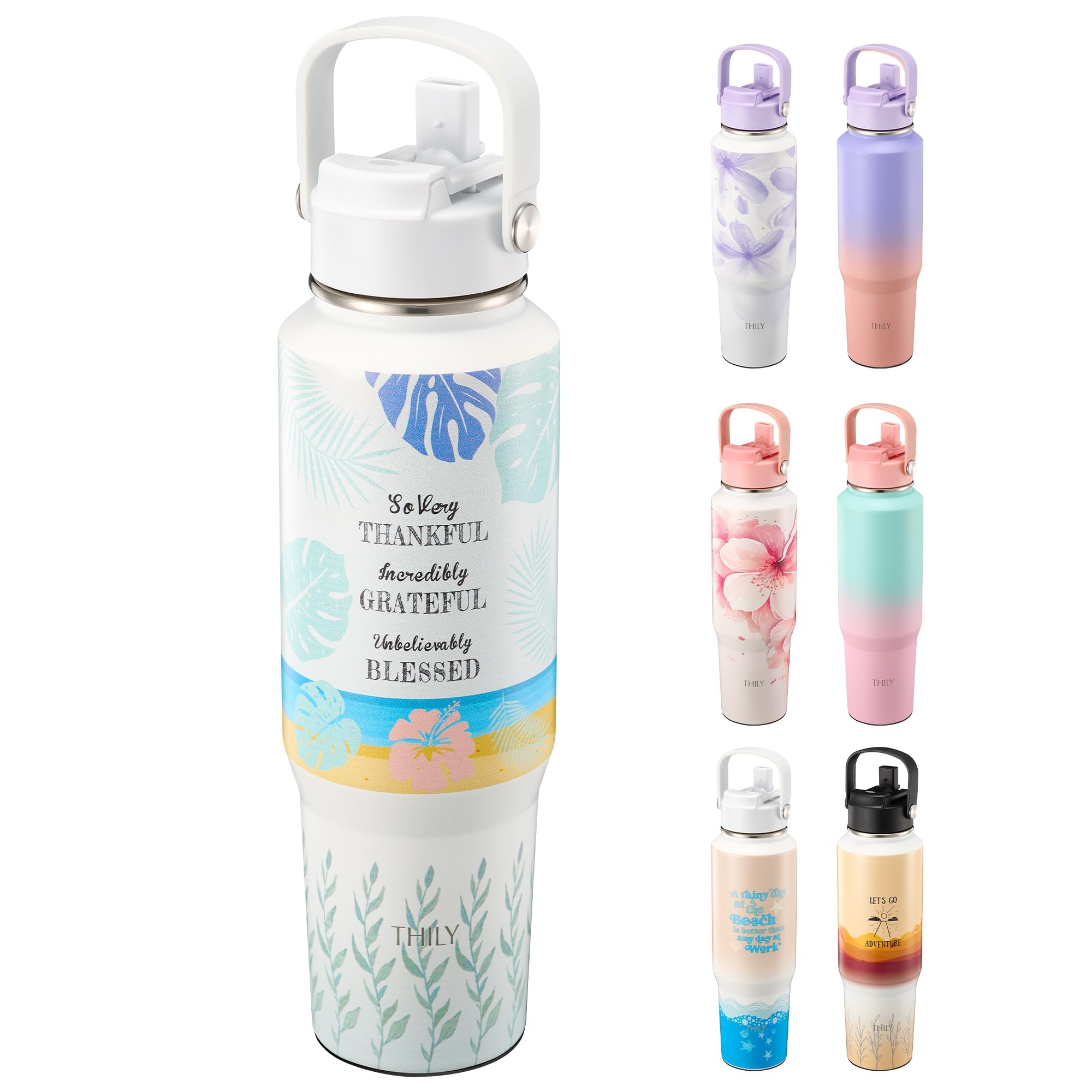THILY Stainless Steel Insulated 40 oz Water Bottle Triple Insulated Leakproof Wide Mouth Water Flask with Lid and Straws