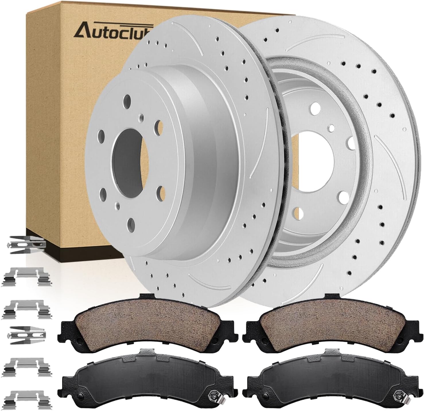 AUTOCLUB Rear Brake Kit, for 2000 2001 2002 2003 2004 2005 2006 Chevy Suburban 1500 Brake Pads and Rotors, for Avalanche Silverado Tahoe GMC Yukon XL 1500 Brakes, Drilled Slotted Replacement 12.99"