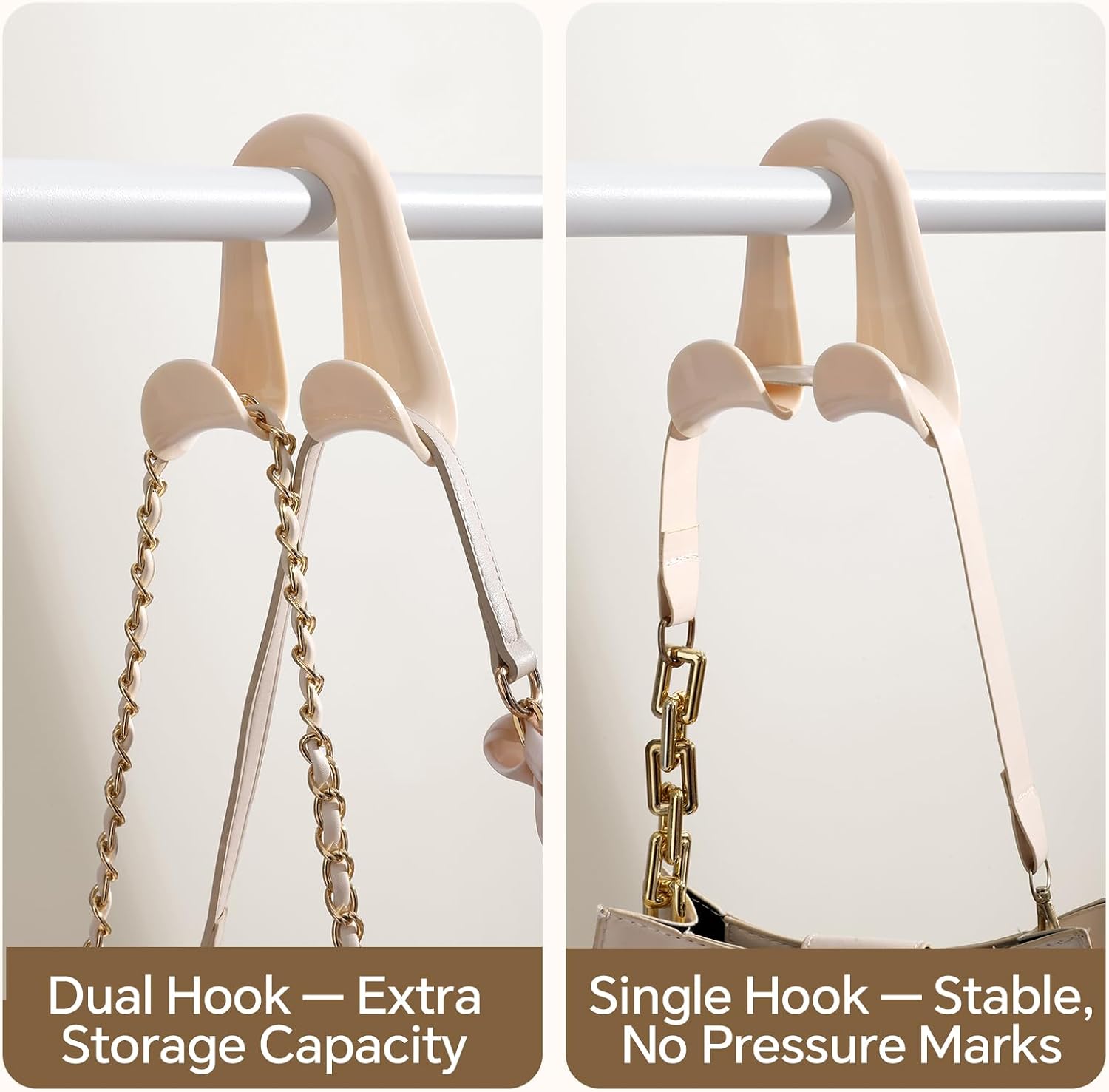 Handbag Hanger Purse Organizer Satchel Hanger Tote Hooks for Closet, Arc-Fit Curved Strap, Anti-Crease, Support Wide Slot 1.4” No-Install Dual Hook Design, Heavy Duty ABS(Bright White)
