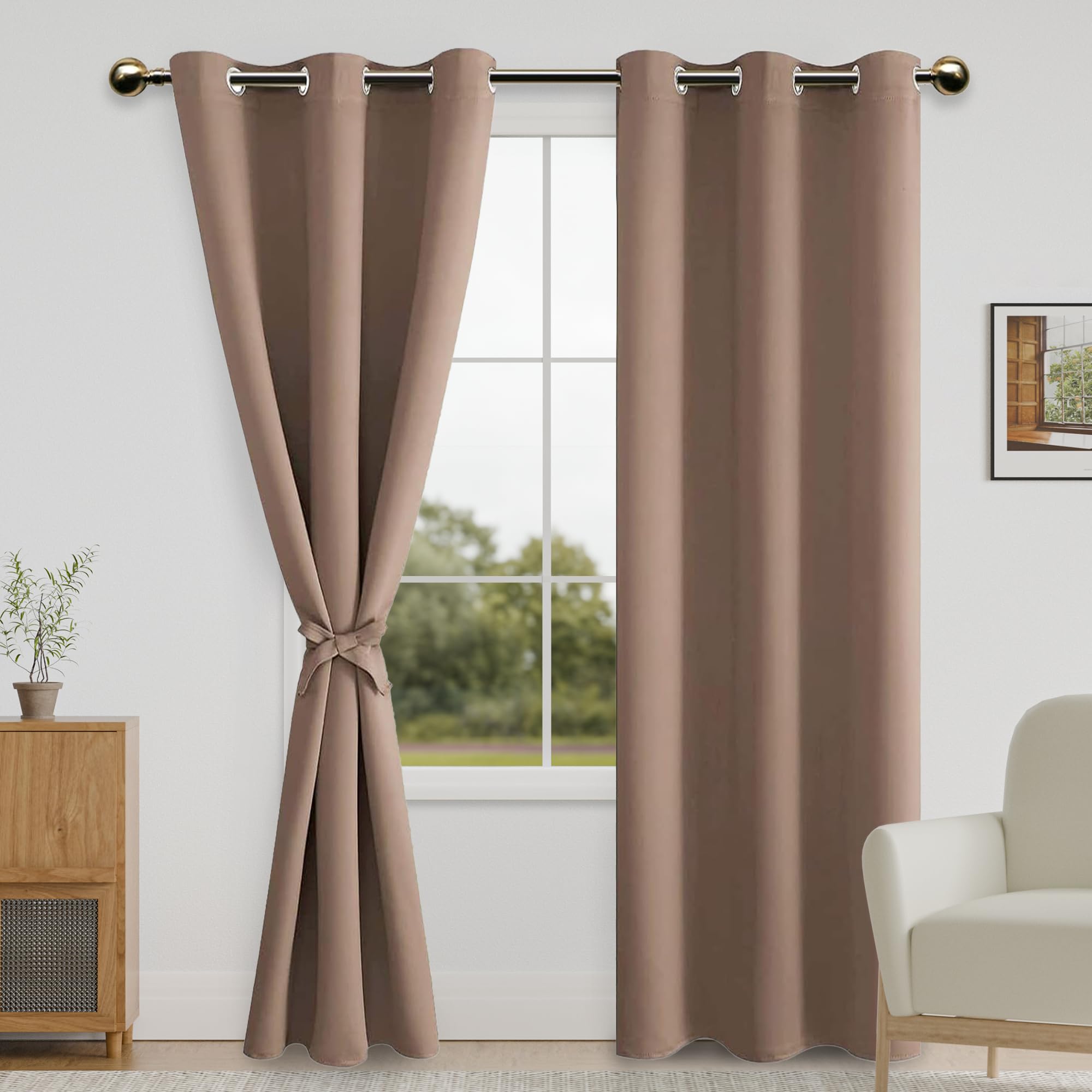 DWCN Blackout Curtains for Bedroom with Tiebacks - Room Darkening Privacy Grommet Top Window Curtains for Living Room, 42 x 84 inches Long, Cappuccino, Set of 2 Panels — image 1