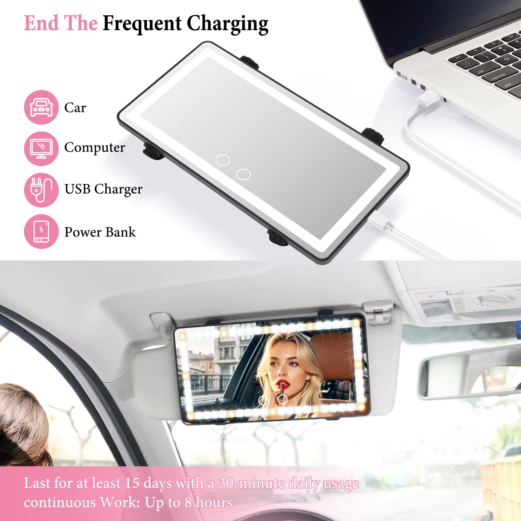 SINGARO Car Sun Visor Vanity Mirror - Rechargeable Makeup Mirror with 60 LEDs 3 Light Modes Dimmable Touch — view 5