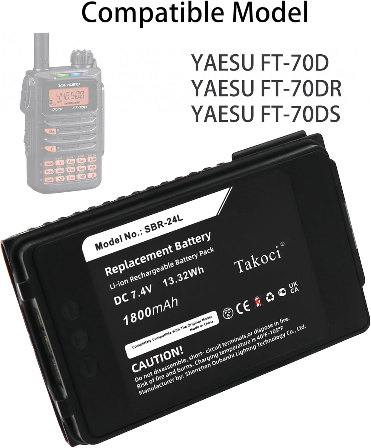2-Pack 7.4V 1800mAh SBR-24L Li-ion Radio Battery Compatible for YAESU FT-70D FT-70DR FT-70DS Series Radios