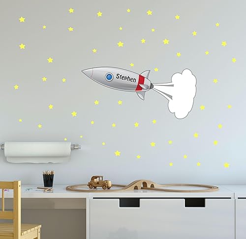 Calcomanías de pared de barco cohete Un espacio divertido para decoración de habitación de niños, mural con estrellas y calcomanías de nombre