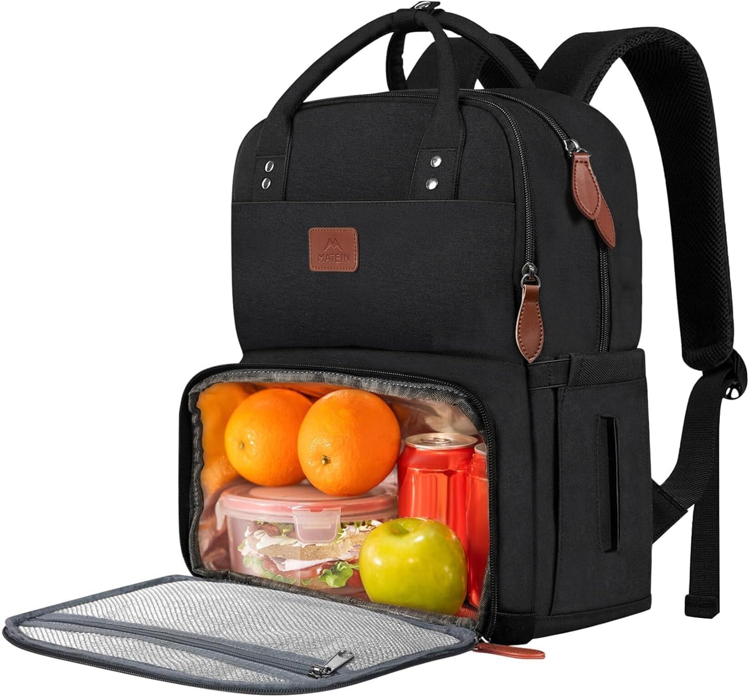MATEIN Mochila de Picnic para Portatil de 15.6" con Compartimento Térmico para Almuerzo, Mochila Trabajo Mujer Impermeable, Lunch Backpack para Oficina, Camping y Viajes, Negro