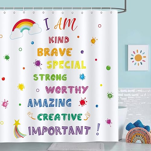 Bonhause Kids Shower Curtain, Cute Rainbow Polka Dot Quotes Bathroom