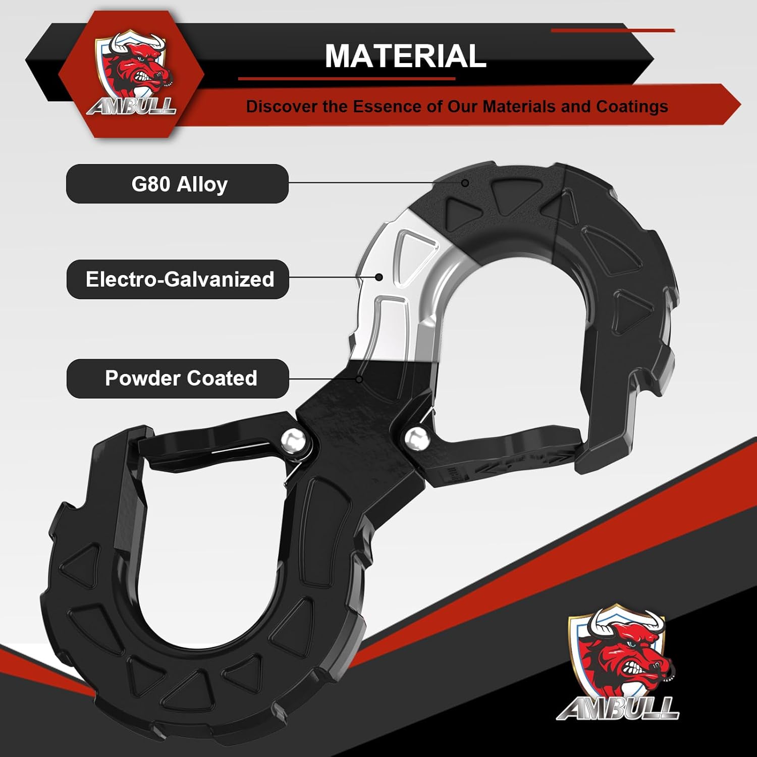 3/8 Tow Hook, Winch Hook for Off-Road Recovery, Towing Shackle 33000 Lbs, G80 Heavy Duty Strength Integrated Winch Quick Shackle, Black