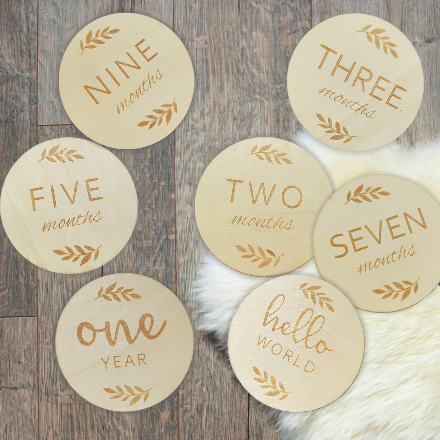 Baby Monthly Milestone Markers, 7 Pcs Wooden Double-Sided Printing Baby Announcement Sign, Wooden Discs for Baby Girl Boy babycard1