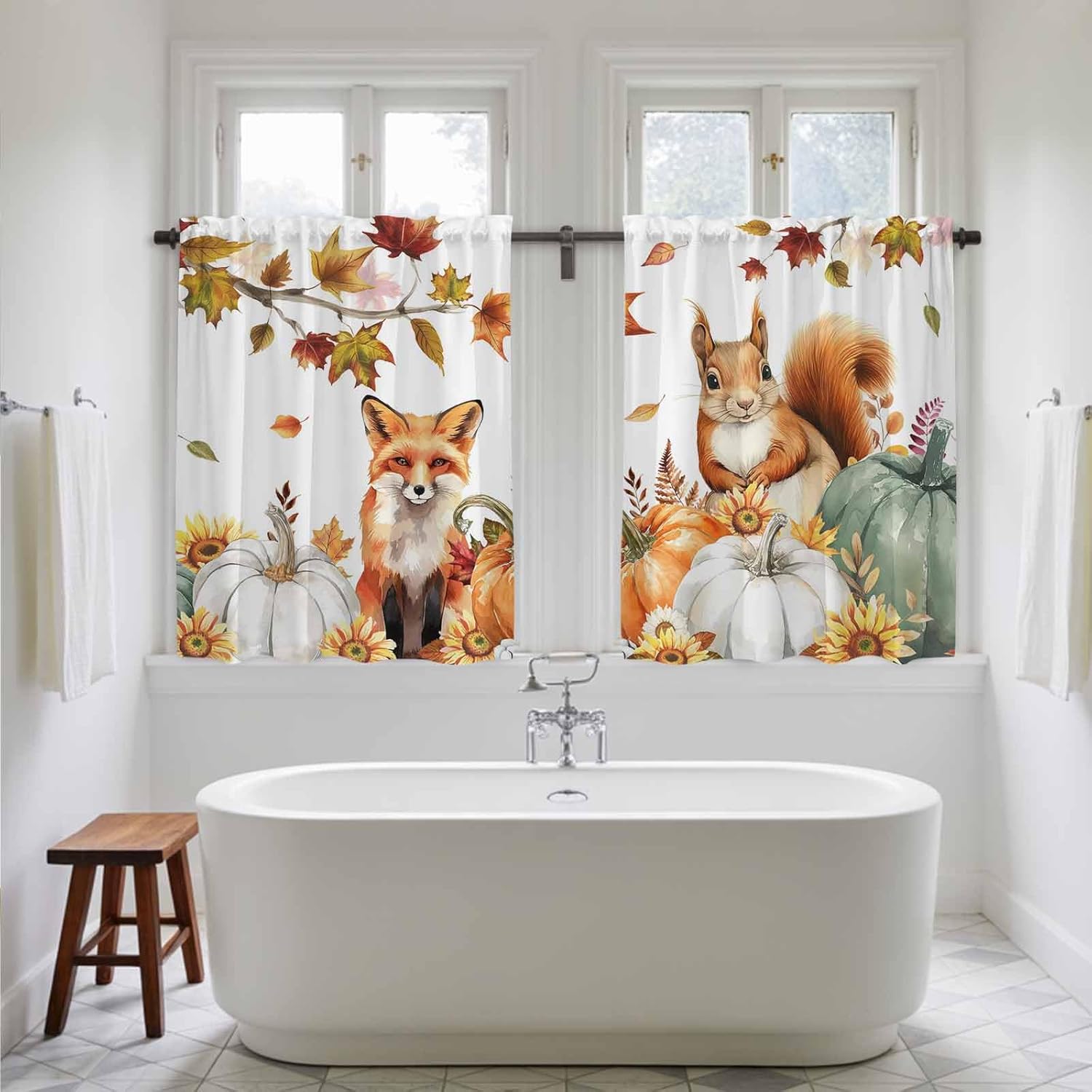 Fall Pumpkins Kitchen Tier Curtains 45 Inch Long 2 Panel Set,Rod Pocket Short Window Treatment,Thanksgiving Fox Squirrel Maple Leaf Sunflower Curtains & Drapes for Bathroom Basement 27.5"W x 45"L