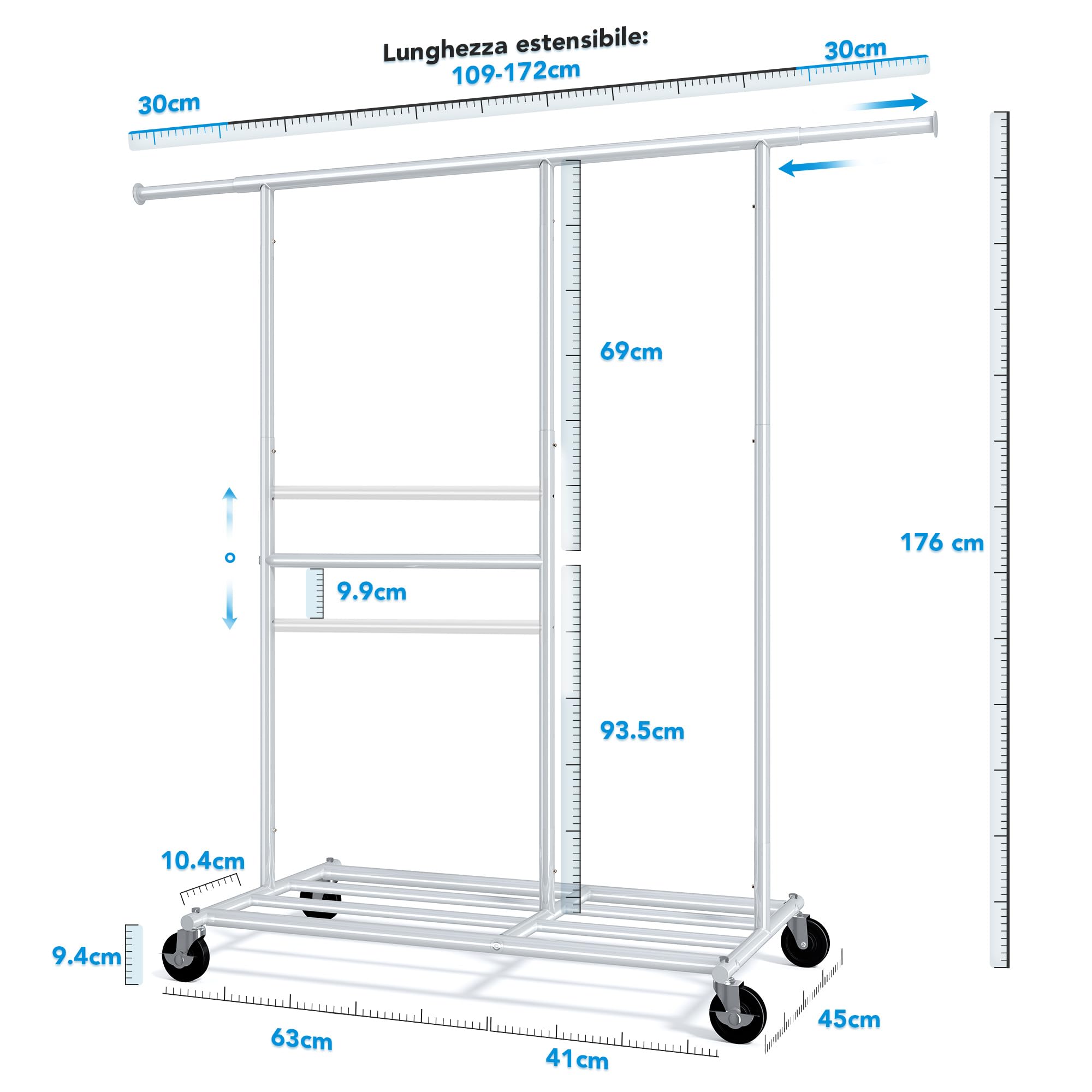 HOKEEPER Heavy Duty Attaccapanni Appendi Abiti su Ruote, Appendiabiti con Telaio Inferiore, 2 Livelli, Porta Vestiti da Camera, con Carrelli Regolabili in Acciaio Cromato, Argento