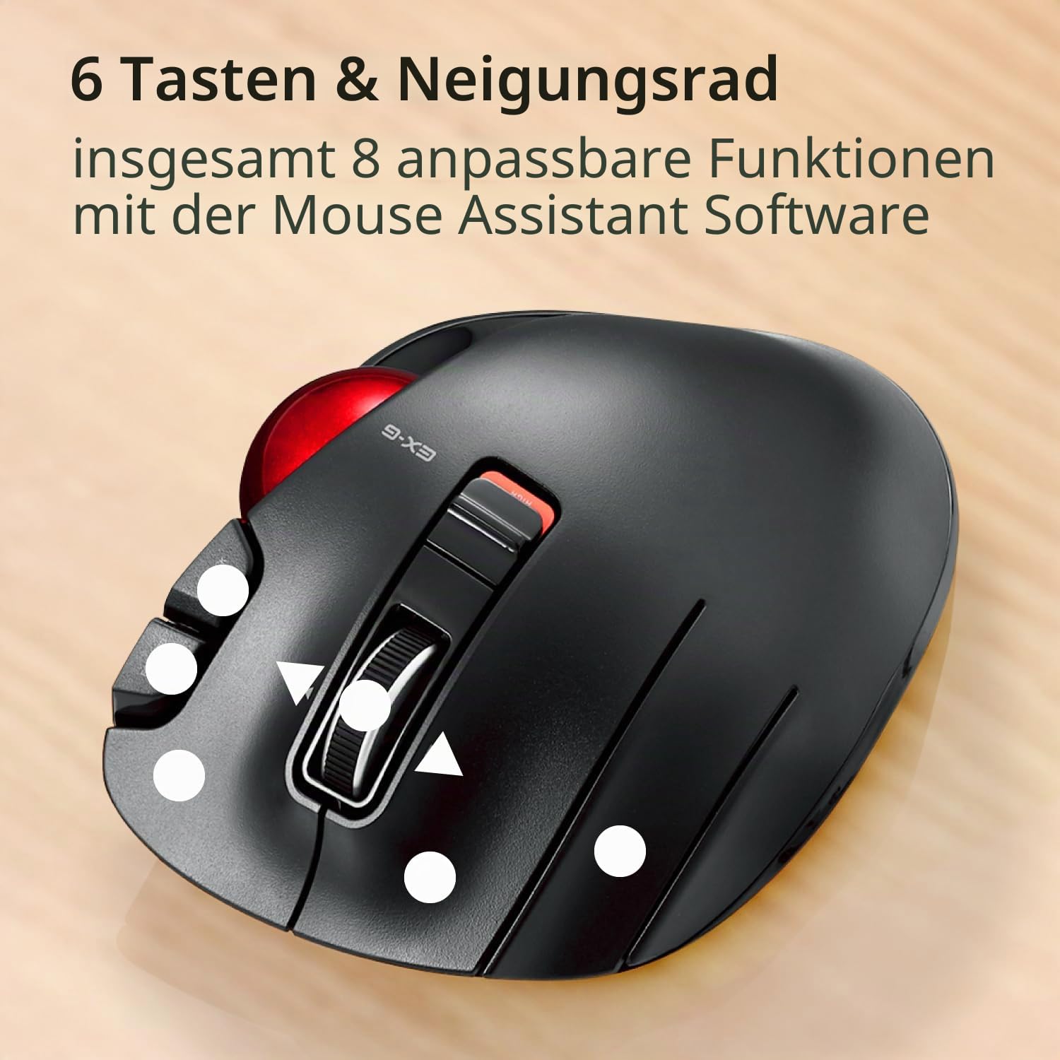 ELECOM EX-G Trackball Maus, Linkshänder, 2.4GHz Drahtlos, Daumensteuerung, 6-Tasten-Funktion, Neigungsrolle, Ergonomisch, Für PC/Laptop, Kompatibel mit Windows 11/MacOS, Modell M-XT4DRBK-G
