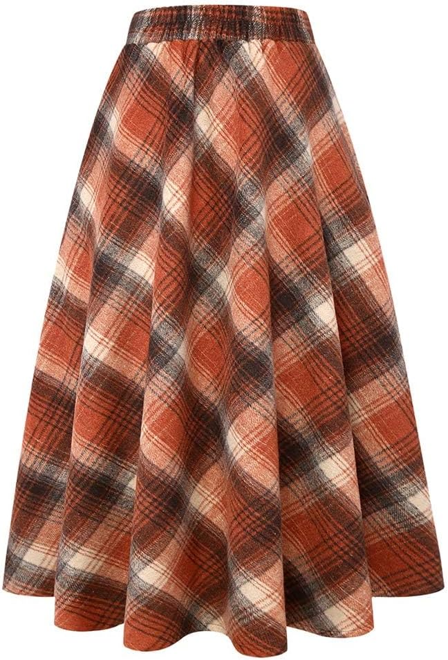 Long Plaid Wool Skirt for Womens Winter Fall Warm High Elastic Waist A line Flared Pleated Wool Tartan Skirts - Image 2
