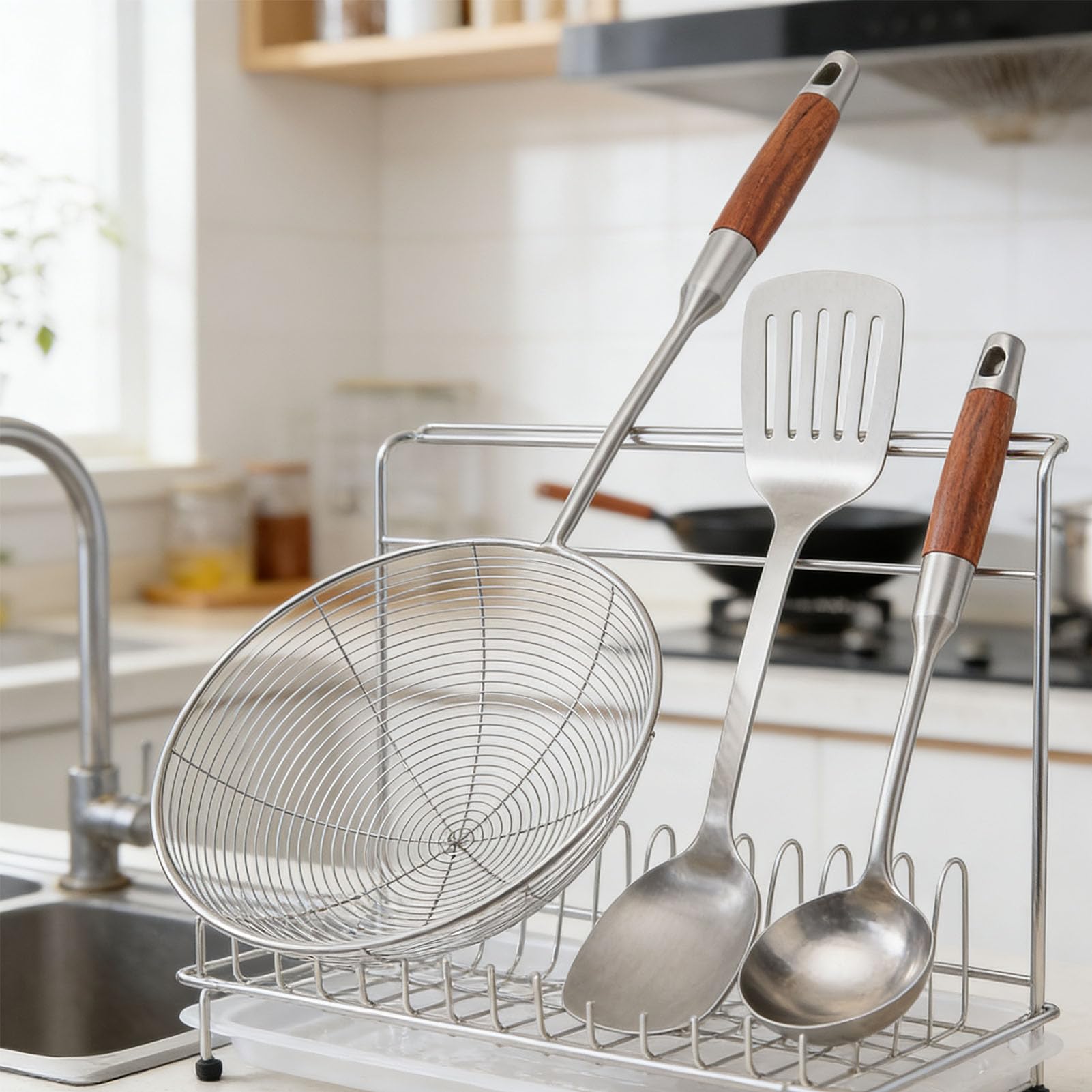 SIXRUN Spider Colino Schiumarola Mestolo Durevole Cucchiaio a Maglia Fine per Cucinare e Friggere Utensili da 18,7" in Acciaio Inossidabile e Manico in Legno