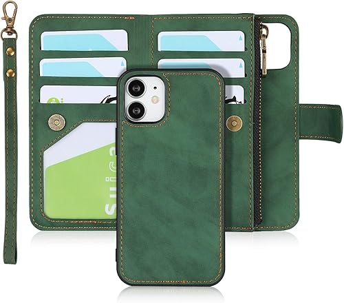 iCoverCase Funda tipo cartera para iPhone 12 Mini con tarjetero y correa para la muñeca, de piel sintética, ranuras para tarjetas, bolsillo con