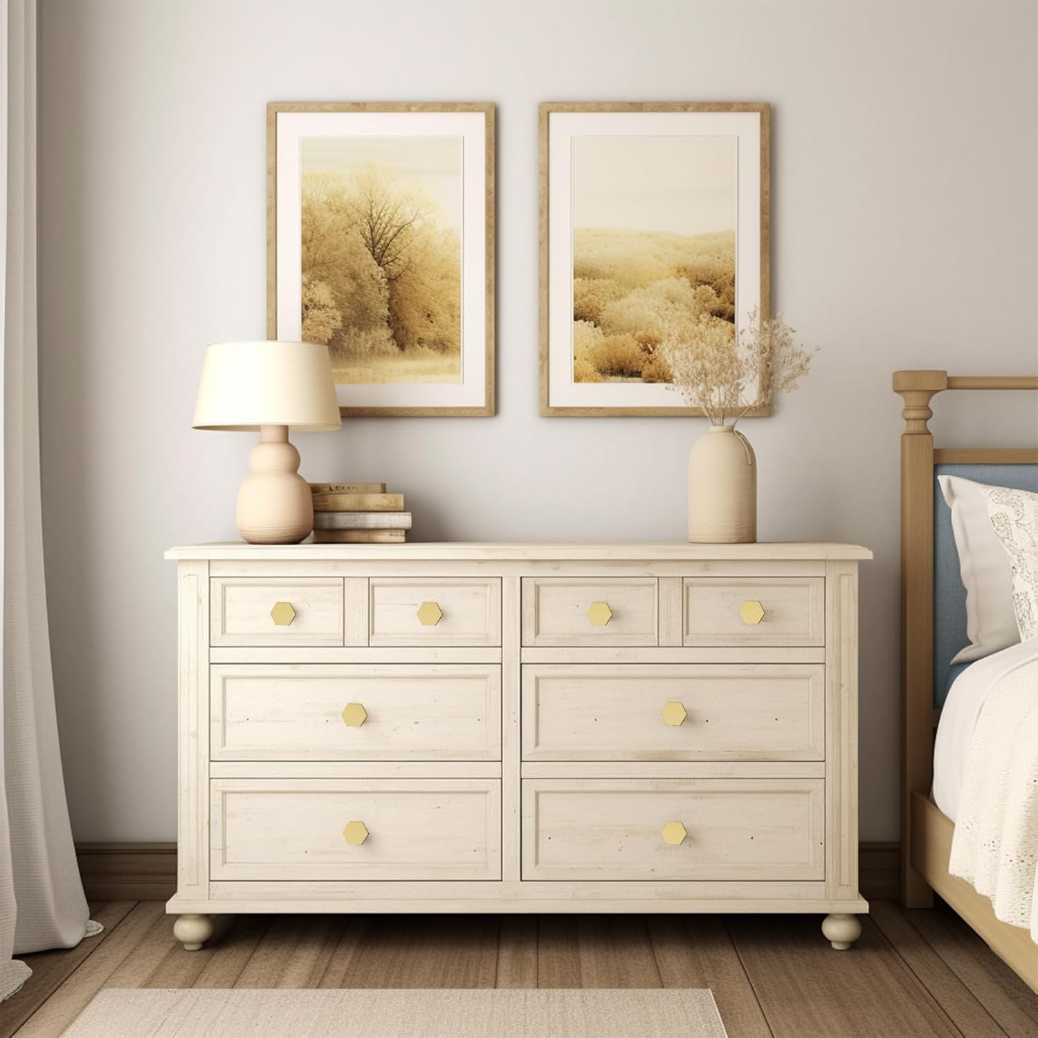 1.18" Cabinet Knobs Solid Brass Dresser Knobs Gold Cabinet Knobs Hexagonal Brushed Gold Dresser Knobs for Cabinets, Drawers, Lockers, Shoe Cabinets, Closet 10PACK