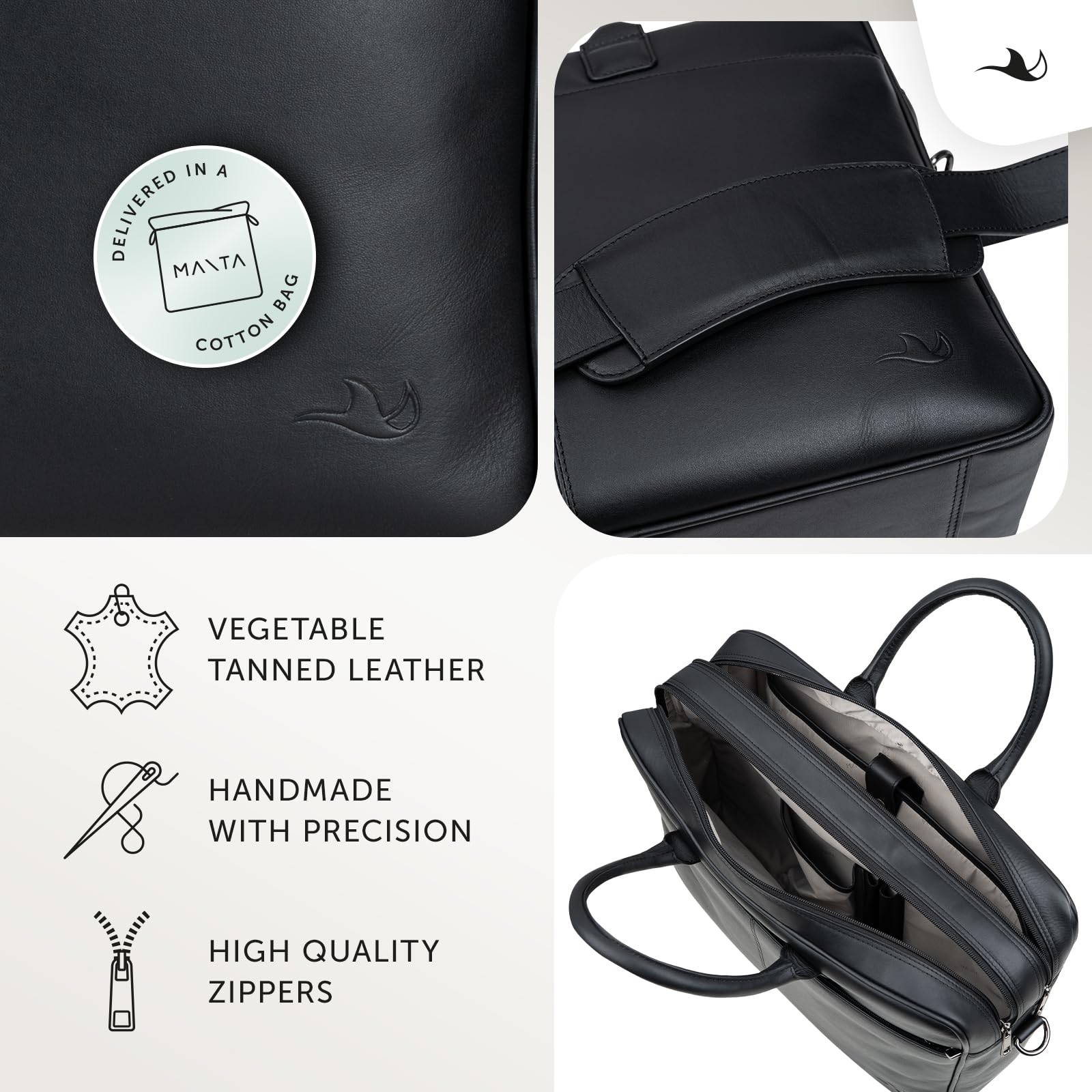 MANTA Echtleder Business-Tasche, Handgearbeitete Aktentasche aus Leder, Stilvoll & Modern, 16-Zoll Laptoptasche, Elegante Notebooktasche, Umhängetasche, Dokumententasche, Schultertasche, Laptop-Sleeve