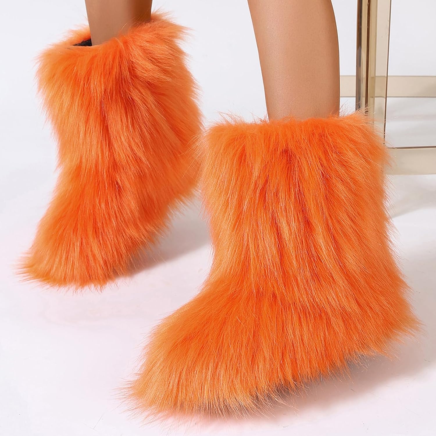 Women's Faux Fur Boots Furry Mid Calf Fur Boots Winter Warm Plush Surface Snow Boots Comfortable Outdoor Flat Shoes