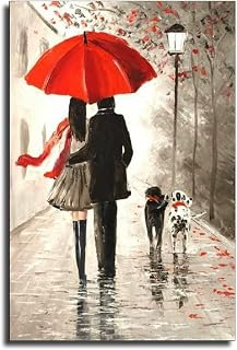 Couple Walking in the Rain the Dog Canvas Painting for Living Room Rainy Mood Nature Wall Art Modern Family Bedroom Decor Poster 24×36inch(60×90cm),Unframed