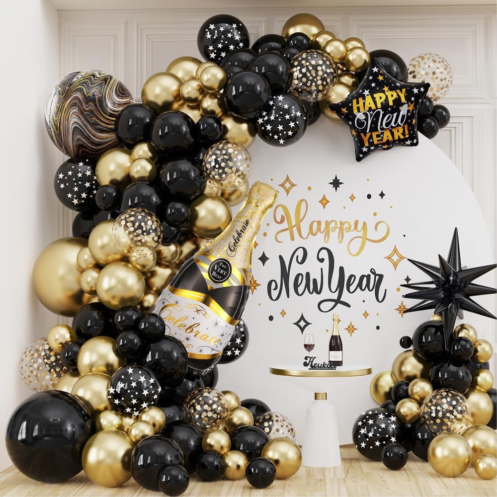 2026 Happy New Year Party Decorations - 130pcs Black and Glod Balloon Garlands Arch Kit, Large Bottle Foil Balloon New Years Eve Party Background Anniversary Graduation Home Supplies (Black Gold)