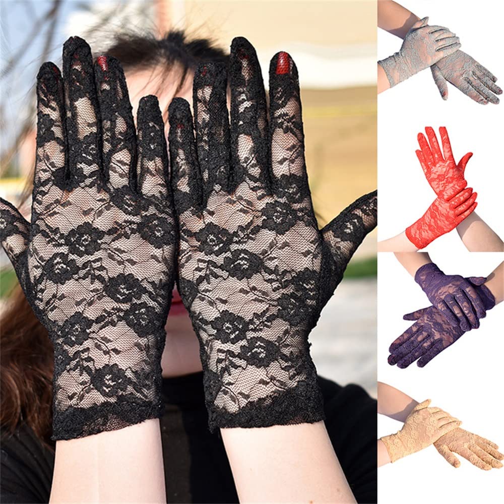 Sepkus Guantes Elegantes Manoplas elásticas Florales Finas Guantes de Tul Cortos de Encaje Sexy para Mujer Transpirables (Rosso 22x9,5 cm)