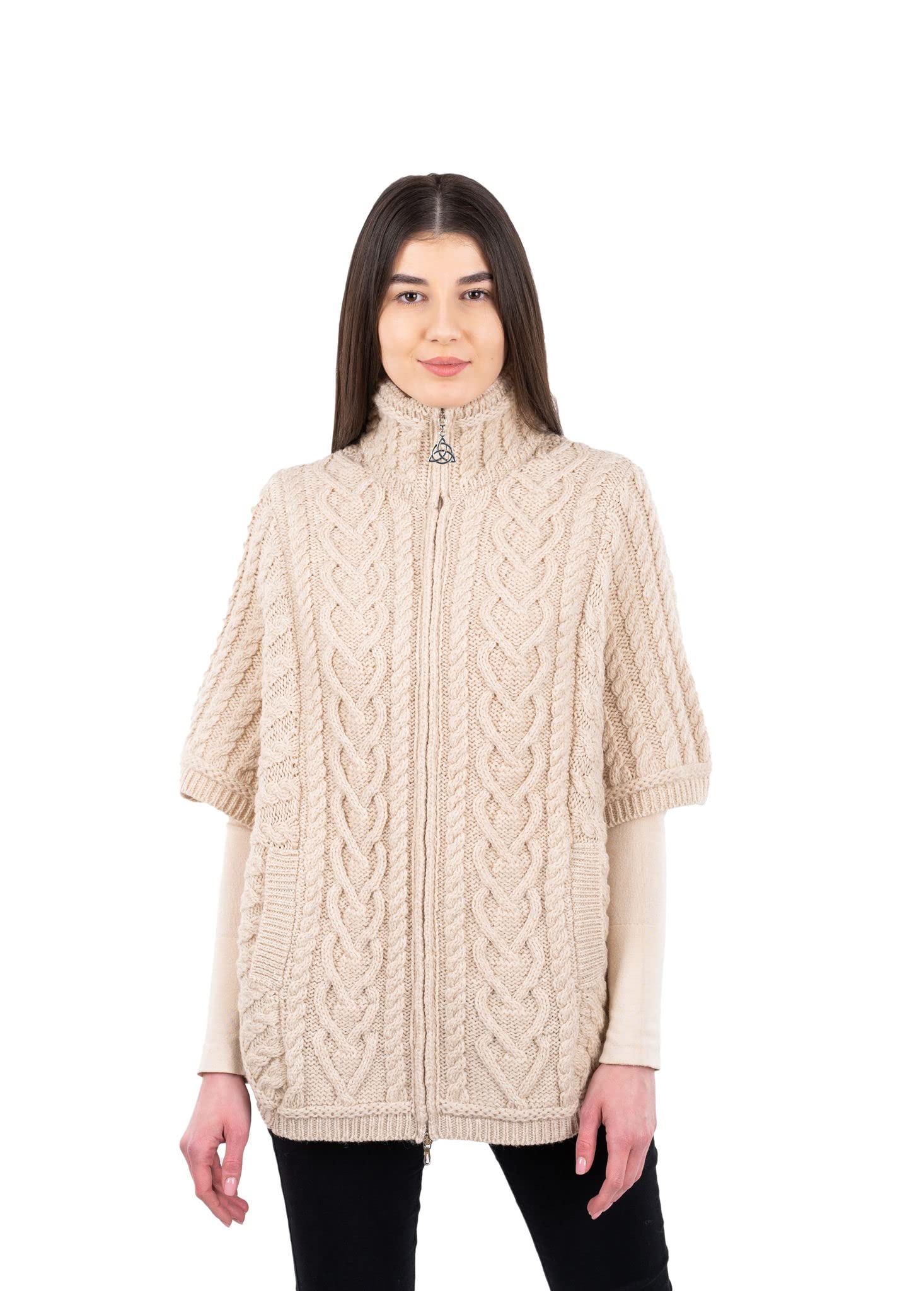 SAOL Irish Cardigan for Women Made of 100 Merino Wool Ireland Poncho with Front Pockets