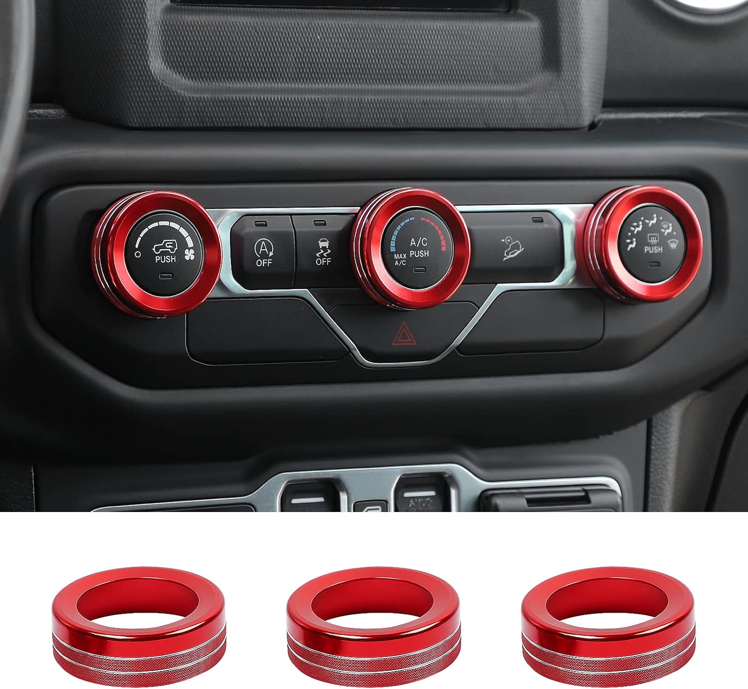 JeCar Control Switch Knob Cover Air Conditioner Button Trim Aluminum Alloy Interior Accessories Compatible with Jeep Wrangler JL JLU 2018-2023 & Gladiator 2020-2023 JT with Specific Dial Panel, Red