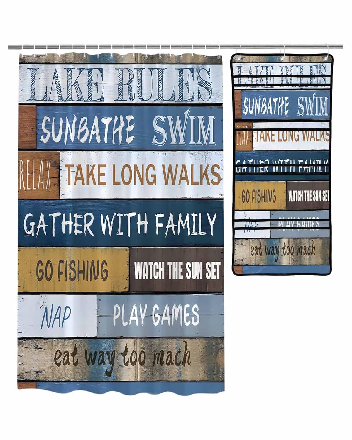 ZFUNCING Shower Curtain Mesh Shower Organizer Set Farmhouse Wood Text Board Waterproof Bath Curtains Hanging Shower Caddy Bathroom