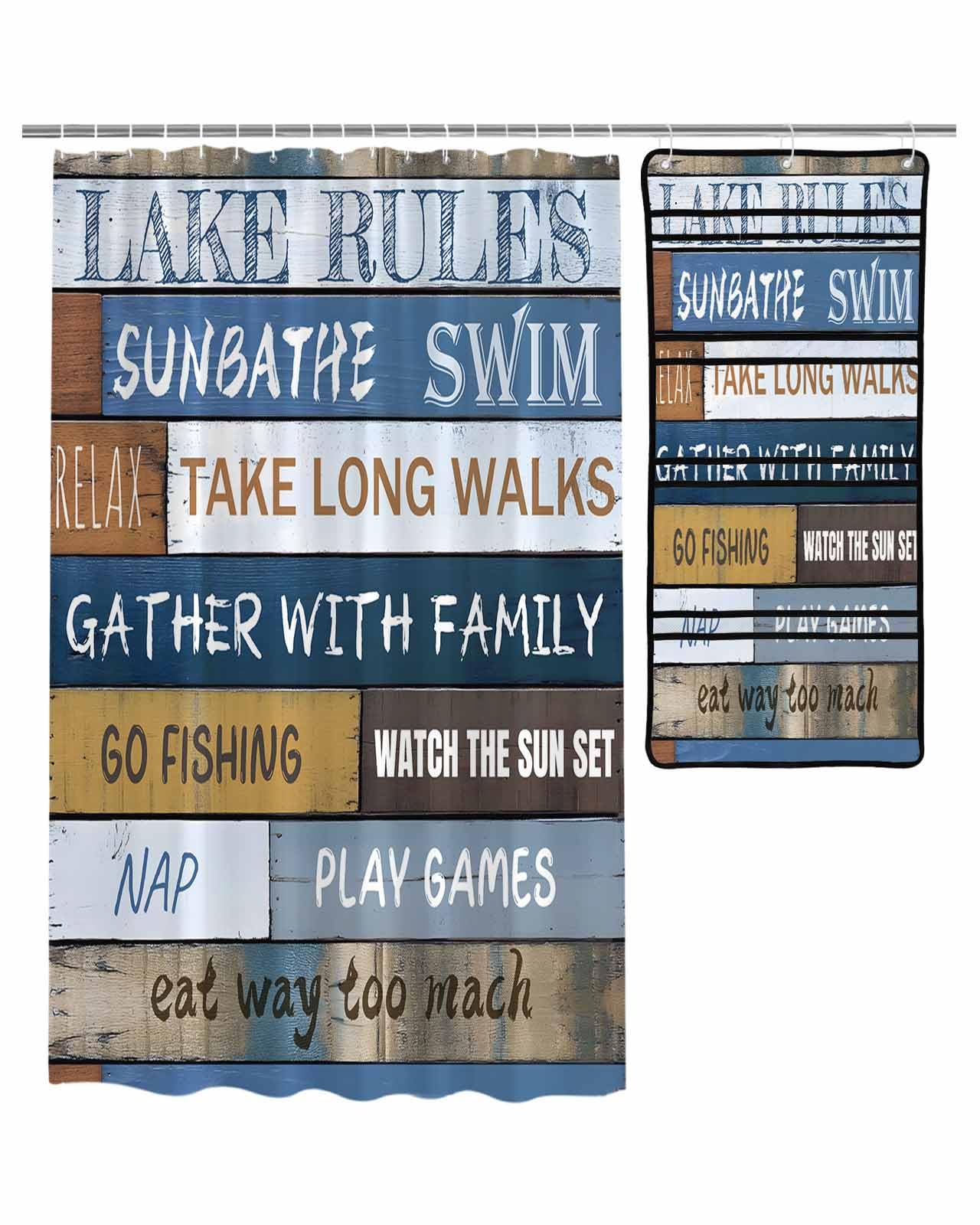 ZFUNCING Shower Curtain Mesh Shower Organizer Set Farmhouse Wood Text Board Waterproof Bath Curtains Hanging Shower Caddy Bathroom