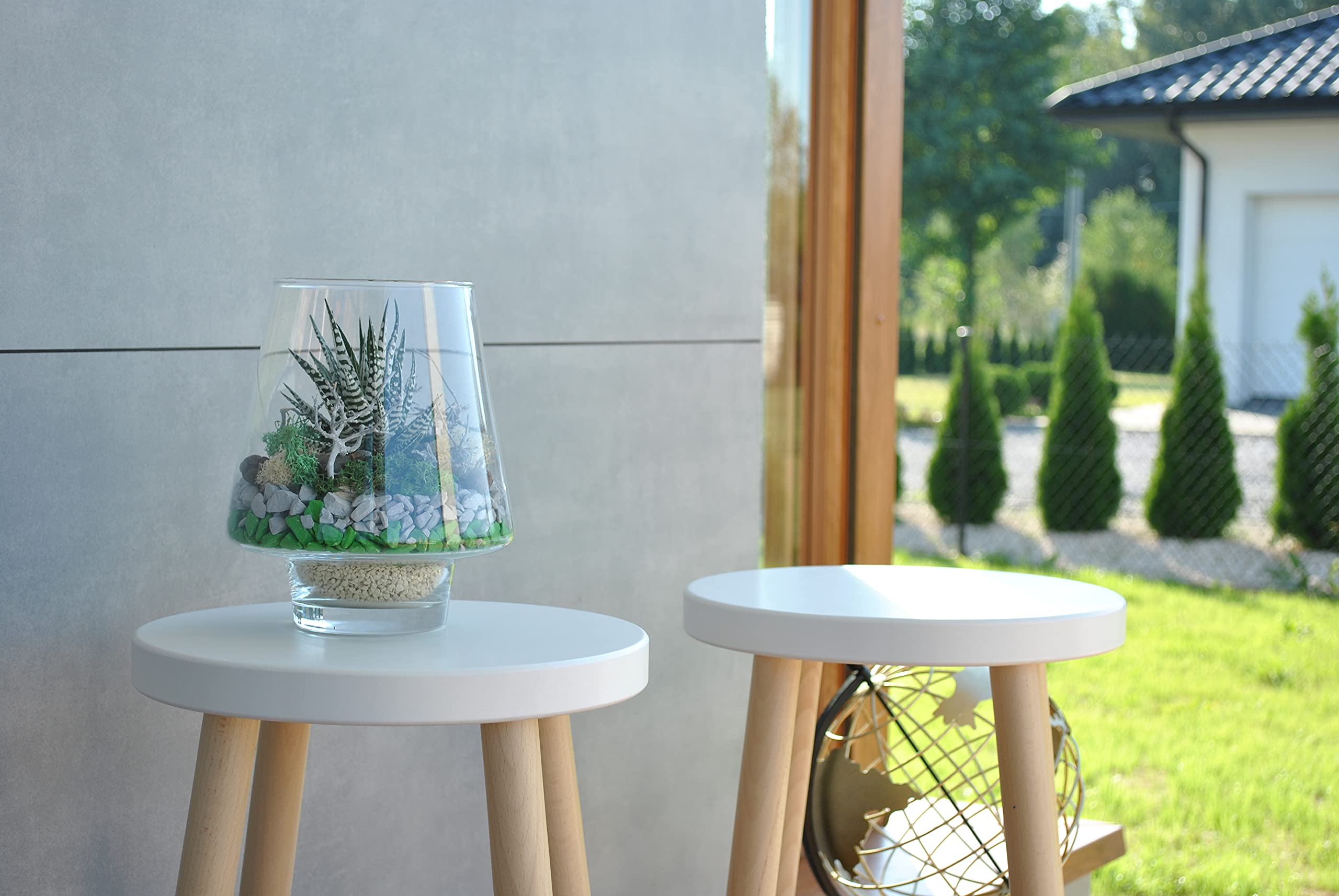 Spec-Wood Tabouret en Bois - Table Basse et Support de Fleurs - Décoration et Support pour Plantes - Rond - Blanc/Hêtre Naturel