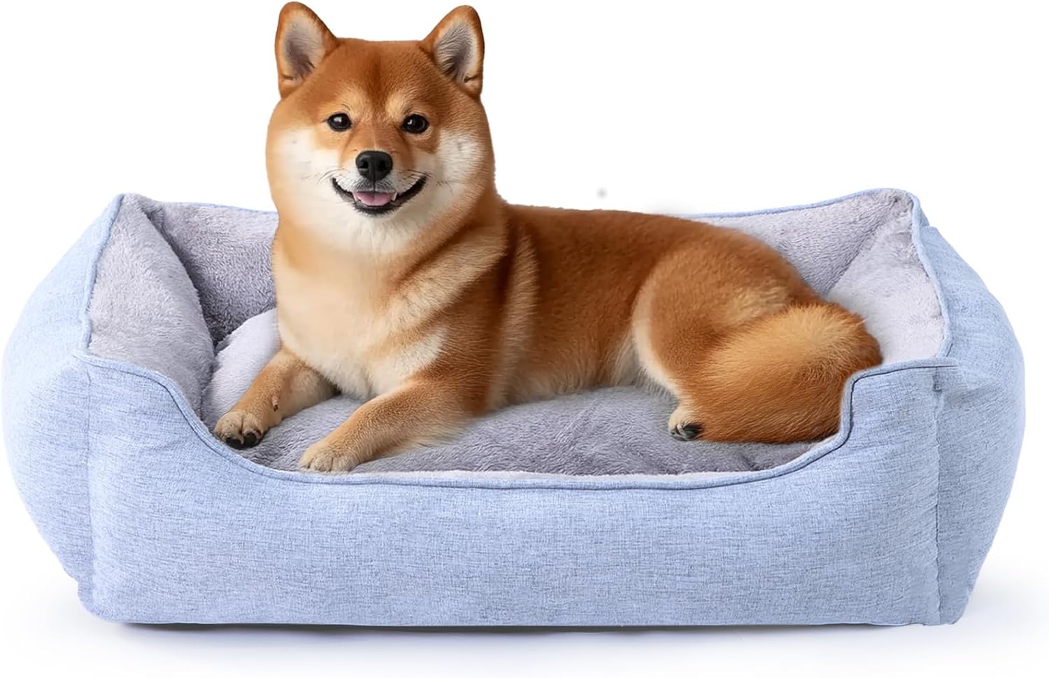 Rectangle Dog Bed for Large Medium Small Dogs Washable Pet Bed with Bolster Sides Non-Slip Bottom Pet Sofa Waterproof Lining Durable Pet Cuddler, Sky Blue, 33x 26x 7.5