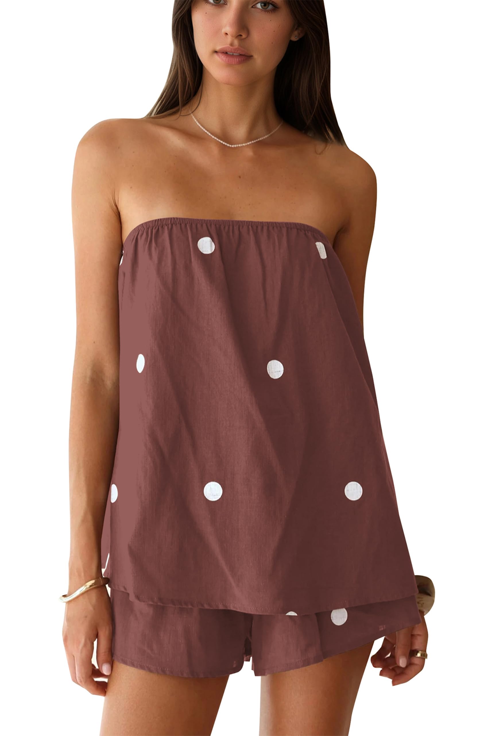 calbatic Polka Dot 2 Piece Shorts Set Summer Lounge Sets Strapless Top and Shorts Matching Airport Travel Vacation Outfits Medium Brown