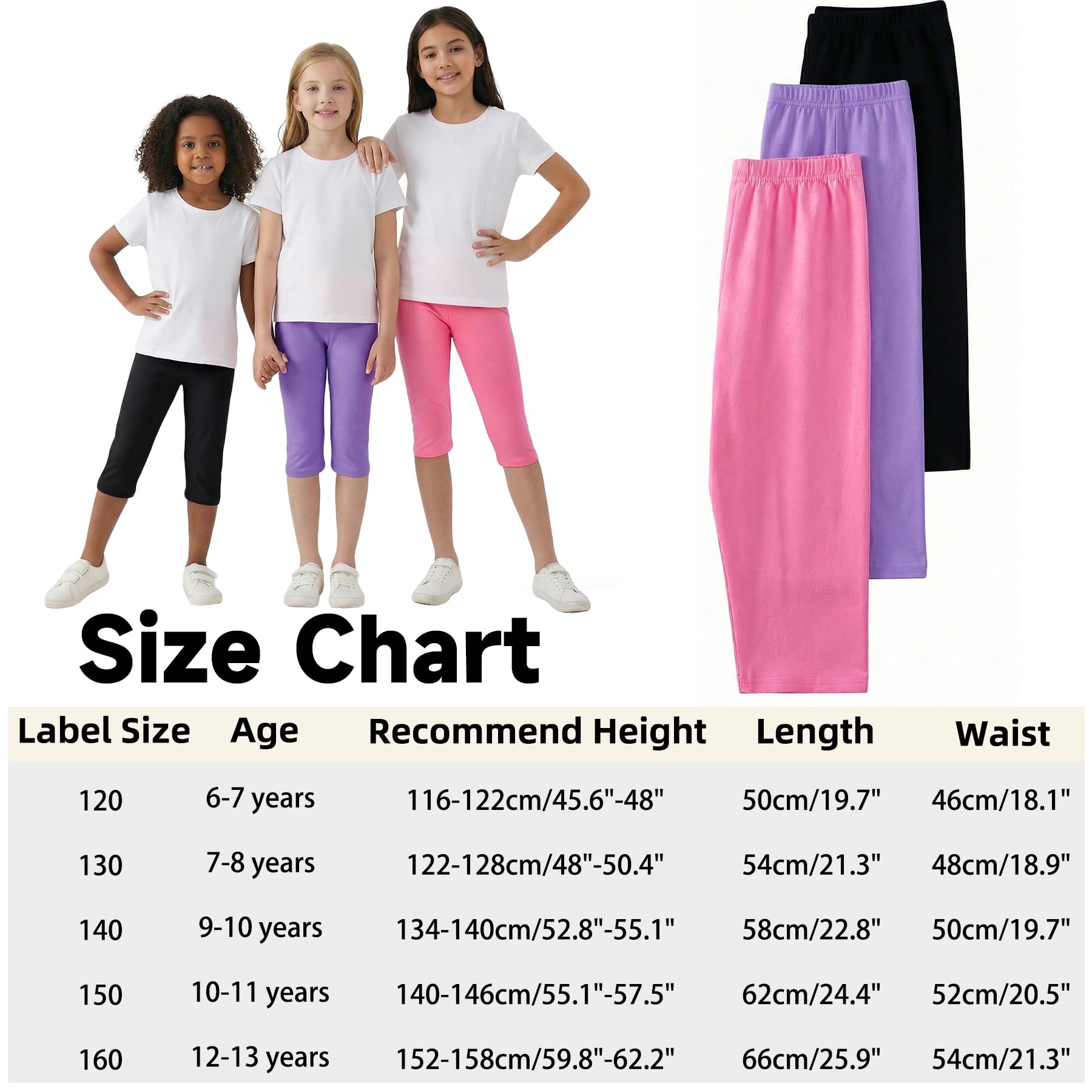 JinBei Leggings Niña Mallas 3/4 Pantalones Algodón Cortos Capri Pantalón Verano Transpirable Cintura Elástica Ciclismo Danza Deportivos Unicolor Infantiles Legging Pack de 3 para 6-13 años — view 6