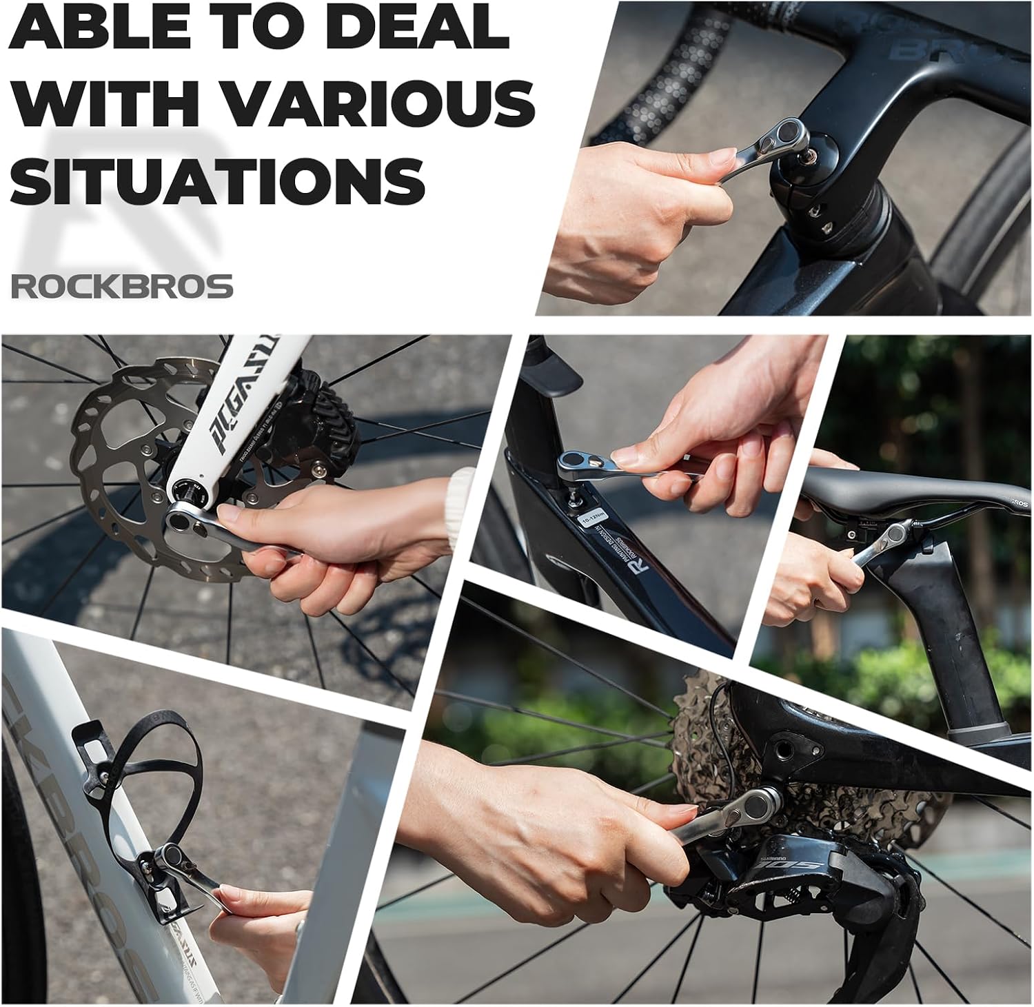 Collage of images showing the ratchet wrench being used for various bike adjustments, including handlebars, seat post, and derailleur.