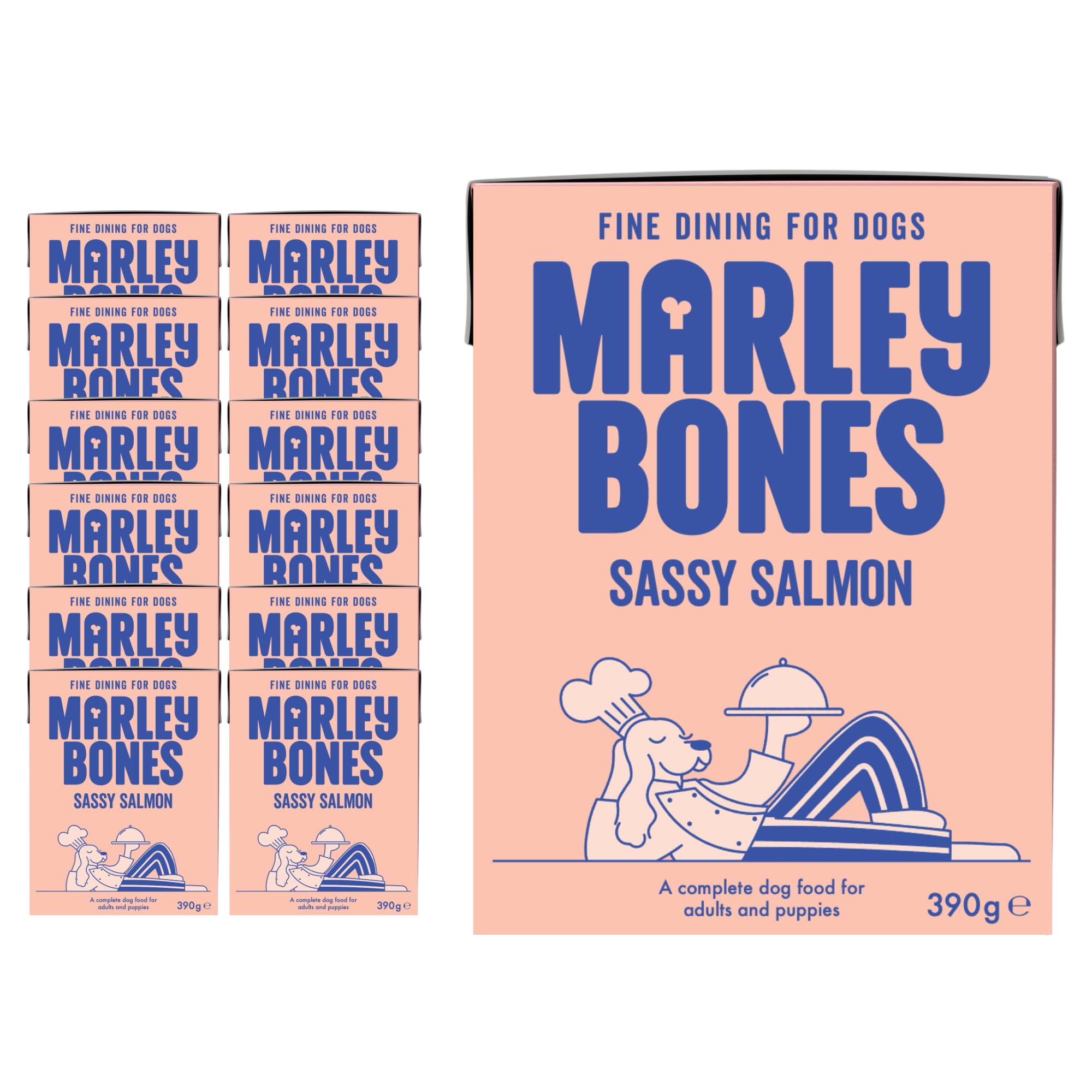 Marleybones Salmon Wet Dog Food Pouches 390g x 12 | Pantry Fresh® & Made from Real Ingredients | Grain Free Dog Food | No Artificial Additives | Suitable for All Life Stages - Puppy, Adult, & Senior
