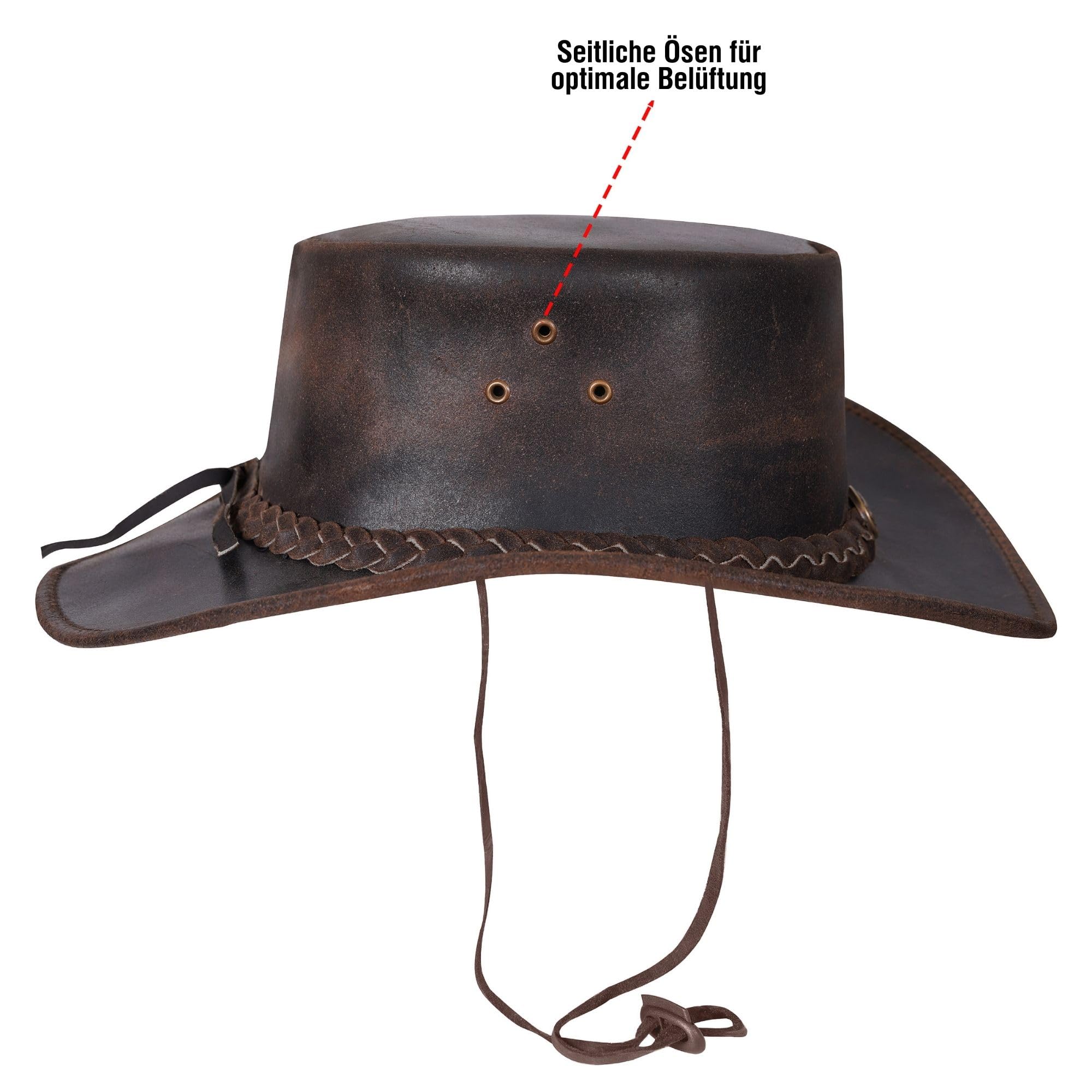 URBAN 5884 Cowboyhut aus echtem Leder, Western-Hut aus Rindsleder mit Verstellbarer Krempe und Kinnriemen