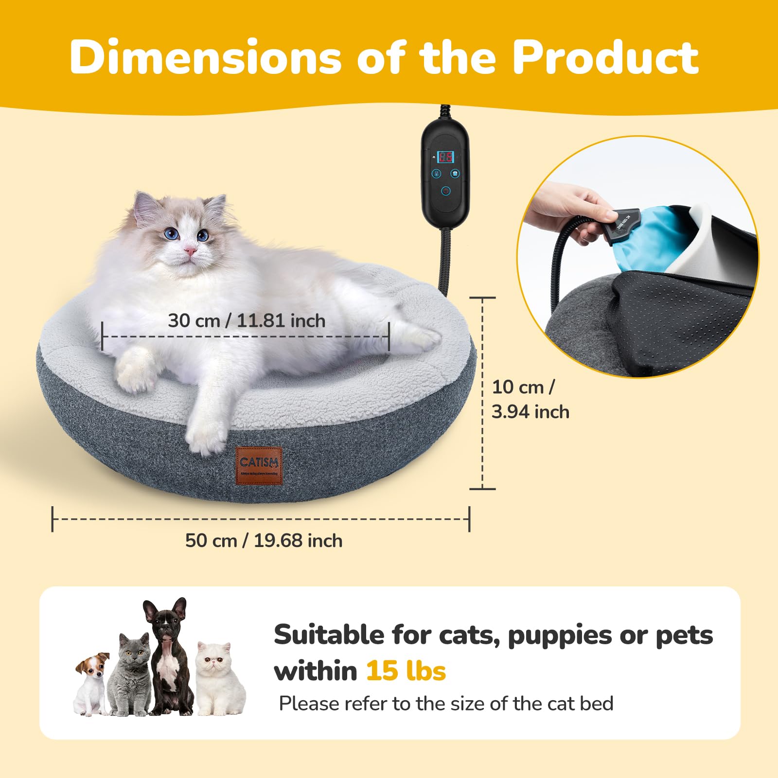 CATISM Beheiztes Katzenbett Heizmatte, Haustier Heizdecke Katzenkissen Heizungsliege Katzenhöhle, Timing & Temperatur Einstellbar Sicher Elektrisch Haustier Katzenkorb für Katzen 48 * 30 * 10cm