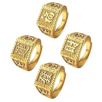 JewelryWe Men's Gold Signet Ring: 4Pcs Gold Plated Kanji