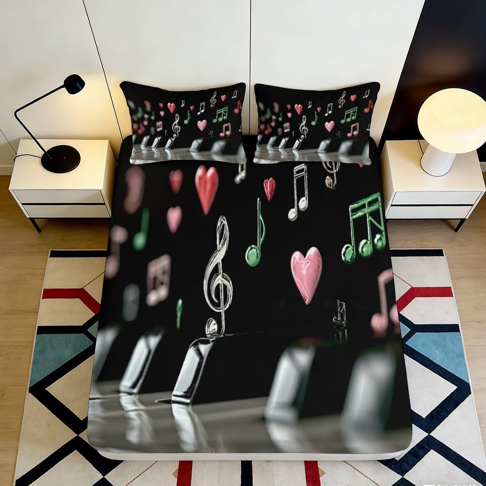 3D Printed Music Notes Fitted Sheet Microfiber Bedroom Decor Hearts Mattress Cover for Adults Teens Dorm Room 118 160x200x25cm