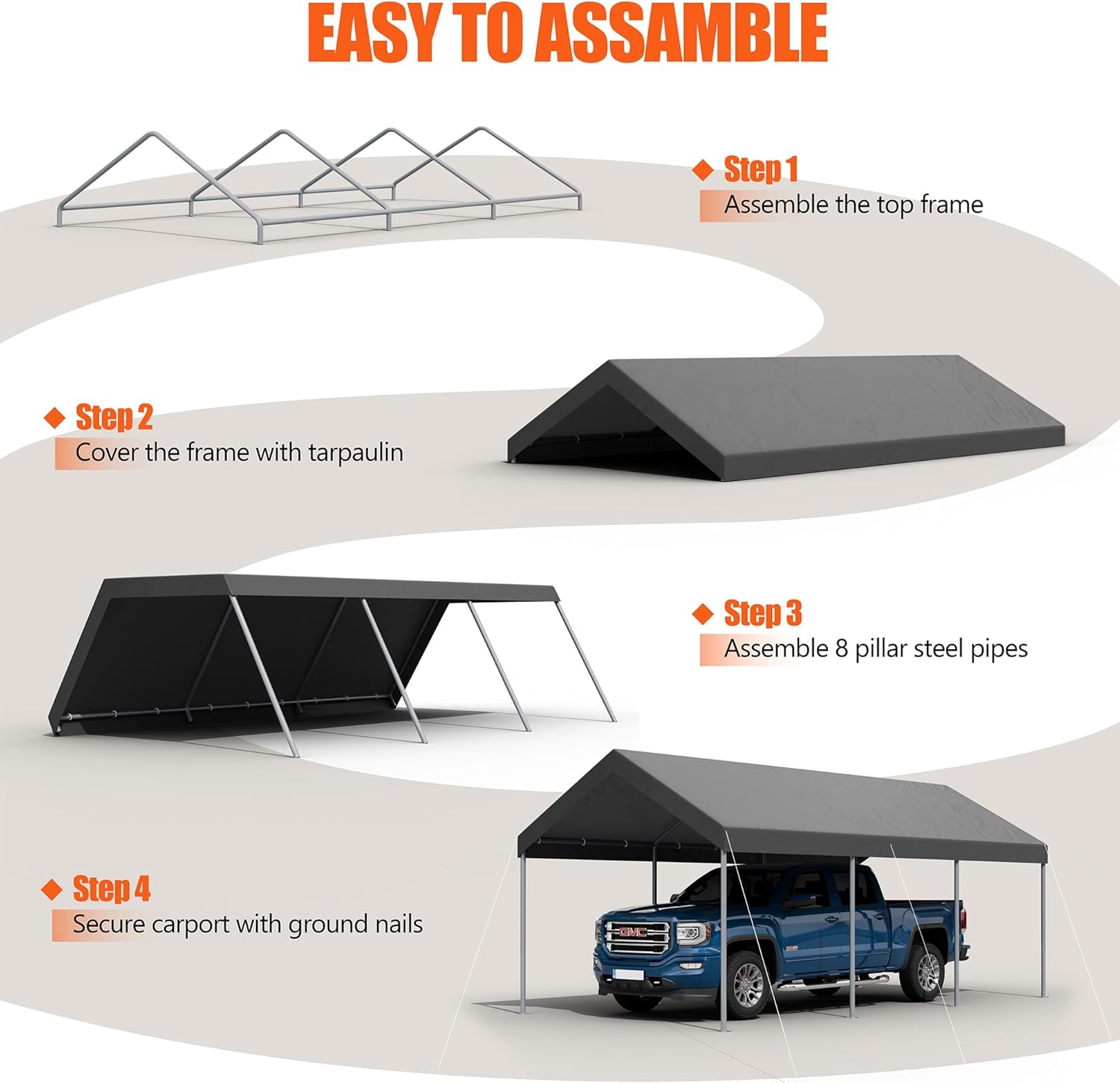 JAMFLY 10x20 FT Carport, Portable Garage with Powder-Coated Steel Frame, 180g Waterproof PE Canopy, Outdoor Car Shelter for Vehicle, Boat, Garden, Wedding, Party, Black