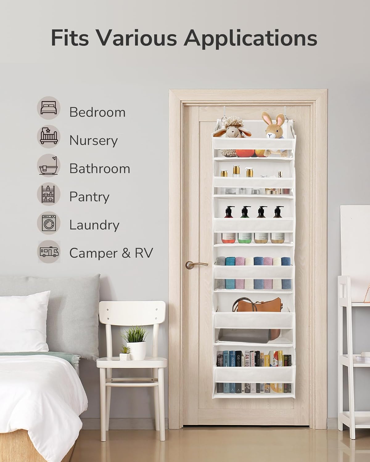 ULG 2 Pack Over The Door Organizer with 6 Large Pockets 12 Side Pockets, 50lbs Weight Capacity Door Hanging Organizer for Bedroom, Bathroom, Pantry, Nursery Storage, Beige