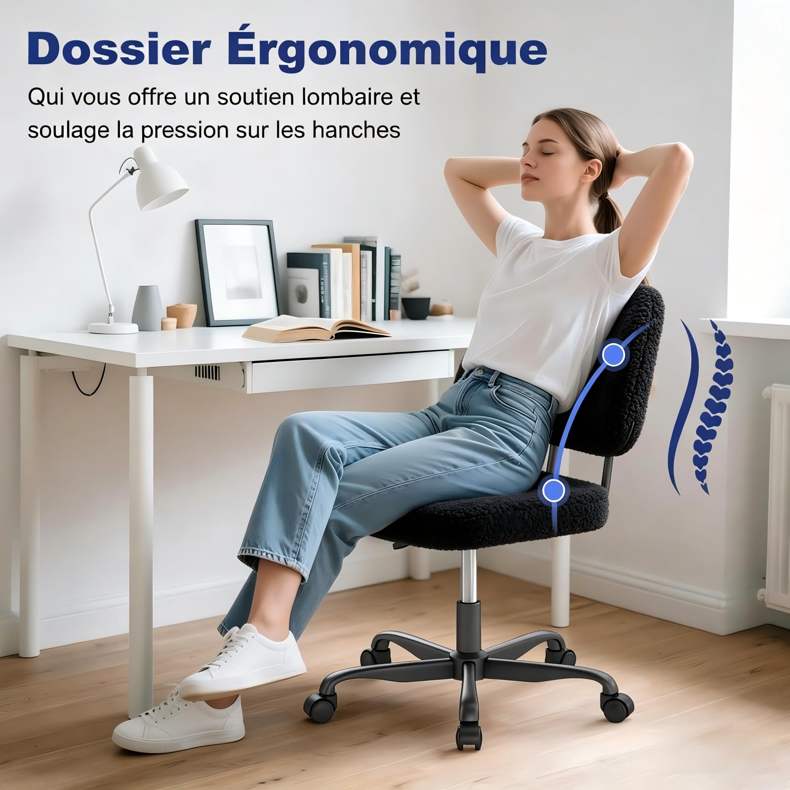 AnyGod Chaise de Bureau sans Accoudoirs en Polaire Teddy, Siège Pivotant Ergonomique Réglable en Hauteur avec roulettes, Petit Fauteuil pour Coiffeuse et Espaces Réduits, Noir