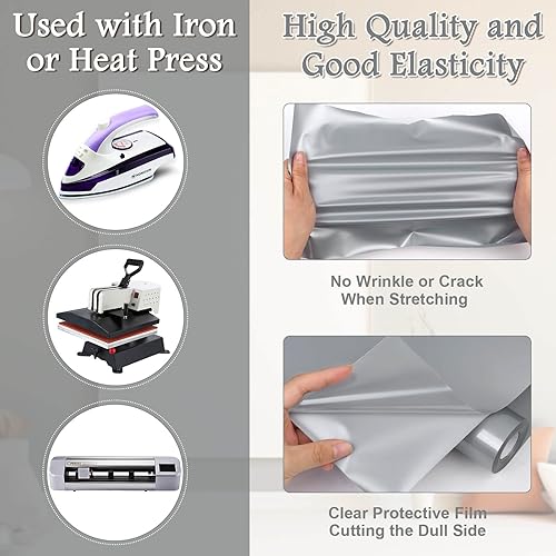 Miniatura 5 de Flasoo Rollo de vinilo de transferencia de calor plateado  Rollo de vinilo HTV plateado de 12 pulgadas x 24 pies para camisas, vinilo para planchar