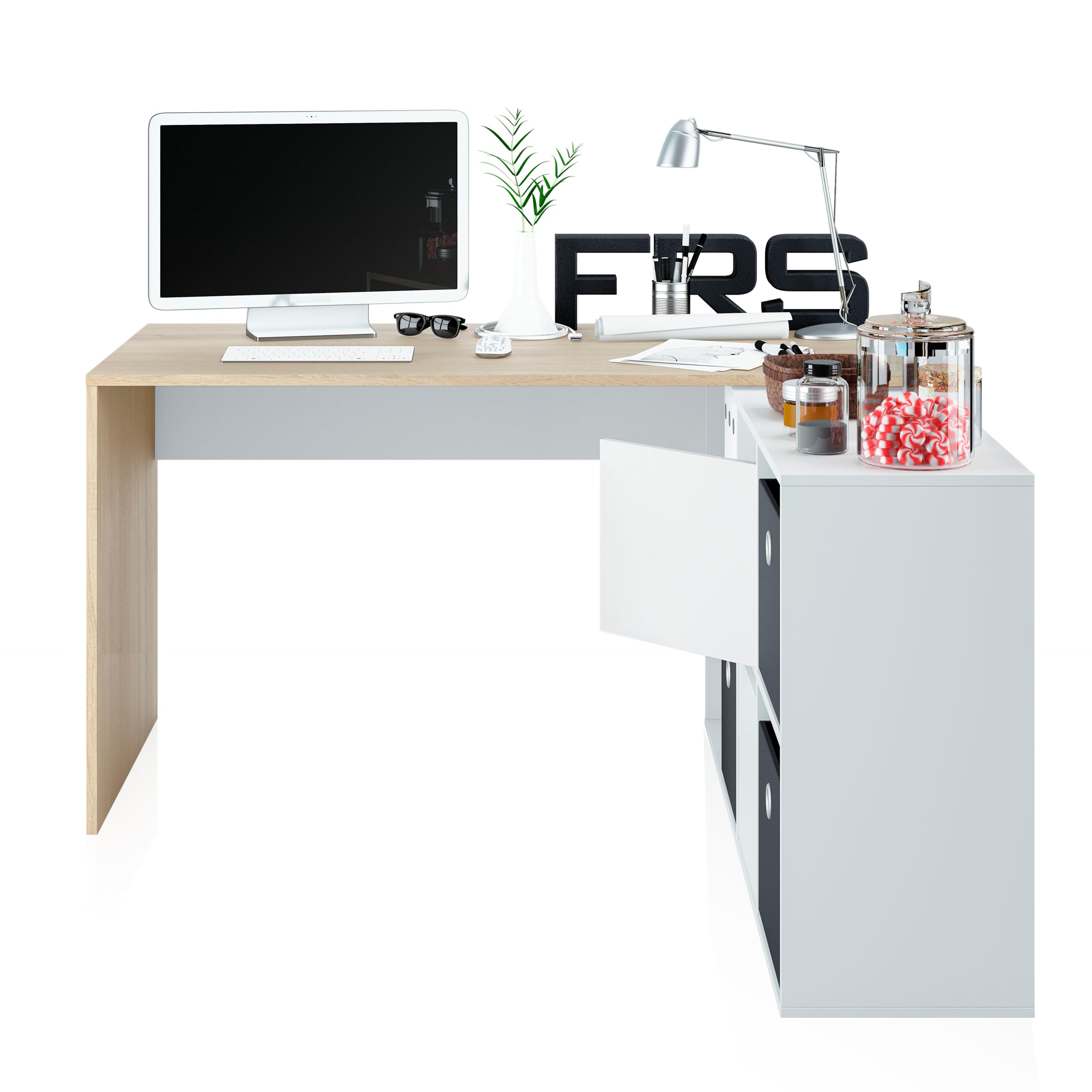 duehome | Escritorio Multiposición Reversible, Mesa Estudio, Mesa PC, Modelo Move, Acabado en Blanco Artik y Roble Canadian, Medidas: 136 cm (Largo) x 139 cm (Ancho) x 74 cm (Alto)