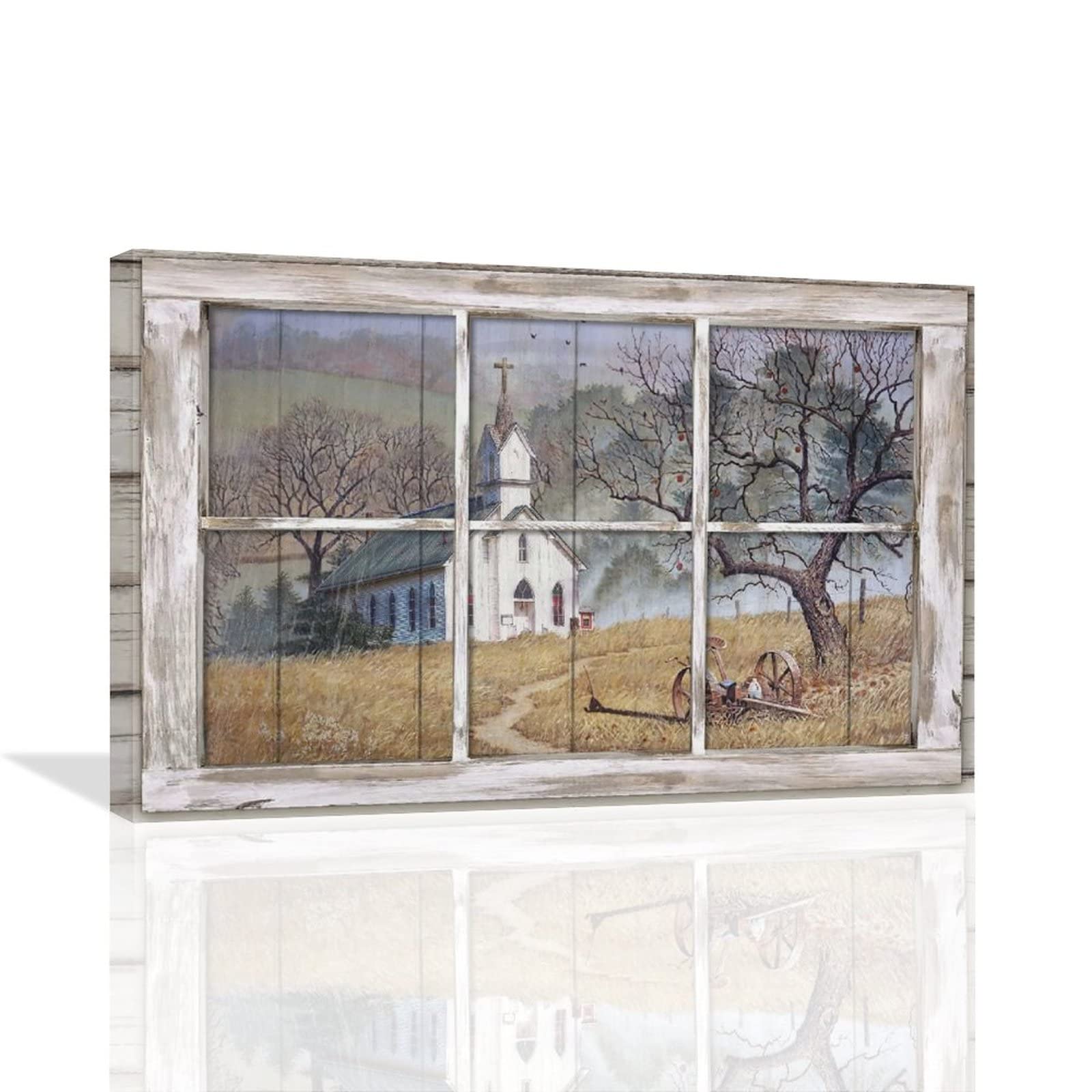 Country Church Wall Art Christian Church Pictures Wall Decor 3D Window Church Canvas Painting Print Rustic Religion Faith Farmhouse Home Decor Artworks Framed for Living Room Bedroom Office 24"x16"
