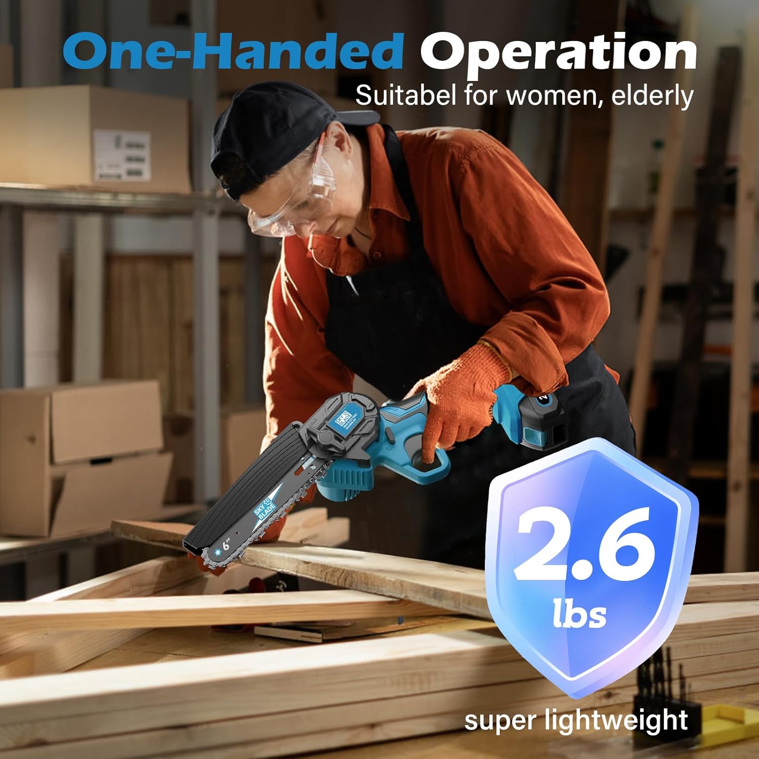 6 Inch Mini Chainsaw Cordless, Portable Electric Chainsaw, for Wood Cutting, Tree Trimming, Courtyard, Household, and Garden Blue