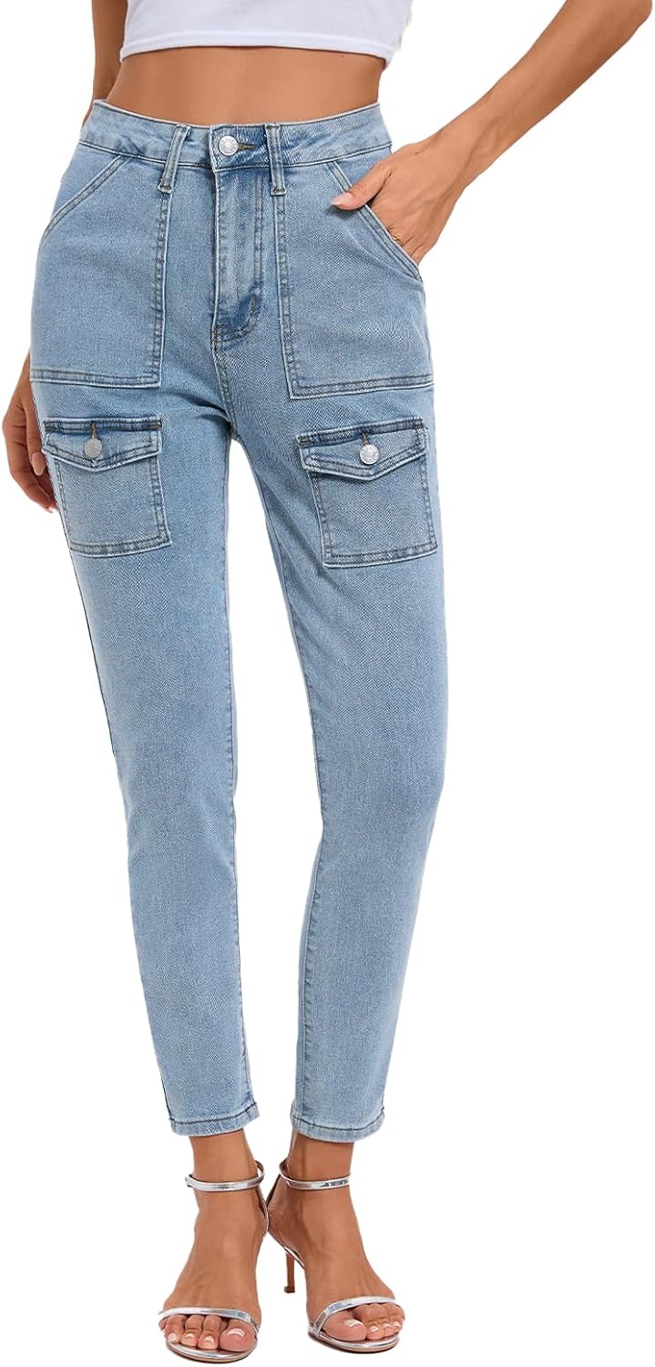 Women Stretchy Skinny Jeans Butt Lifting High Waisted Slim Fit Cargo Denim Pants with Flap Pockets