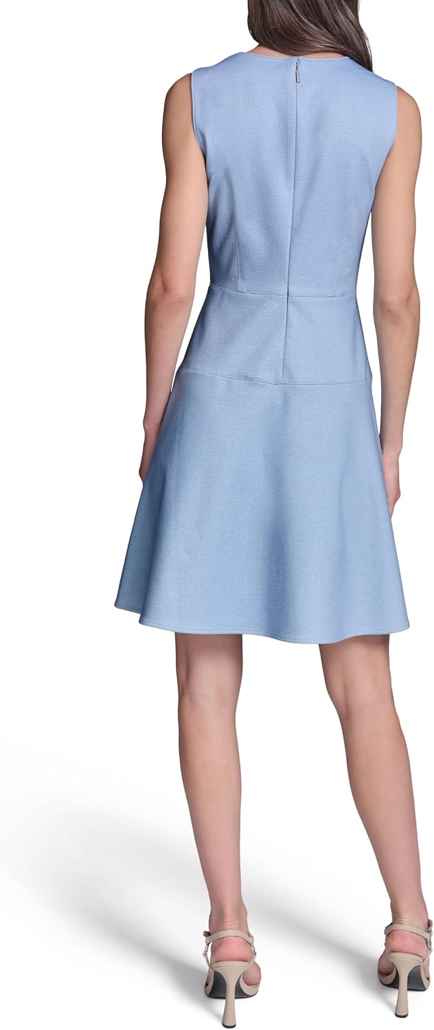 Karl Lagerfeld Women's Sleeveless Split Neck Printed Ponte Fit and Flare Pearl Embellishments Dress