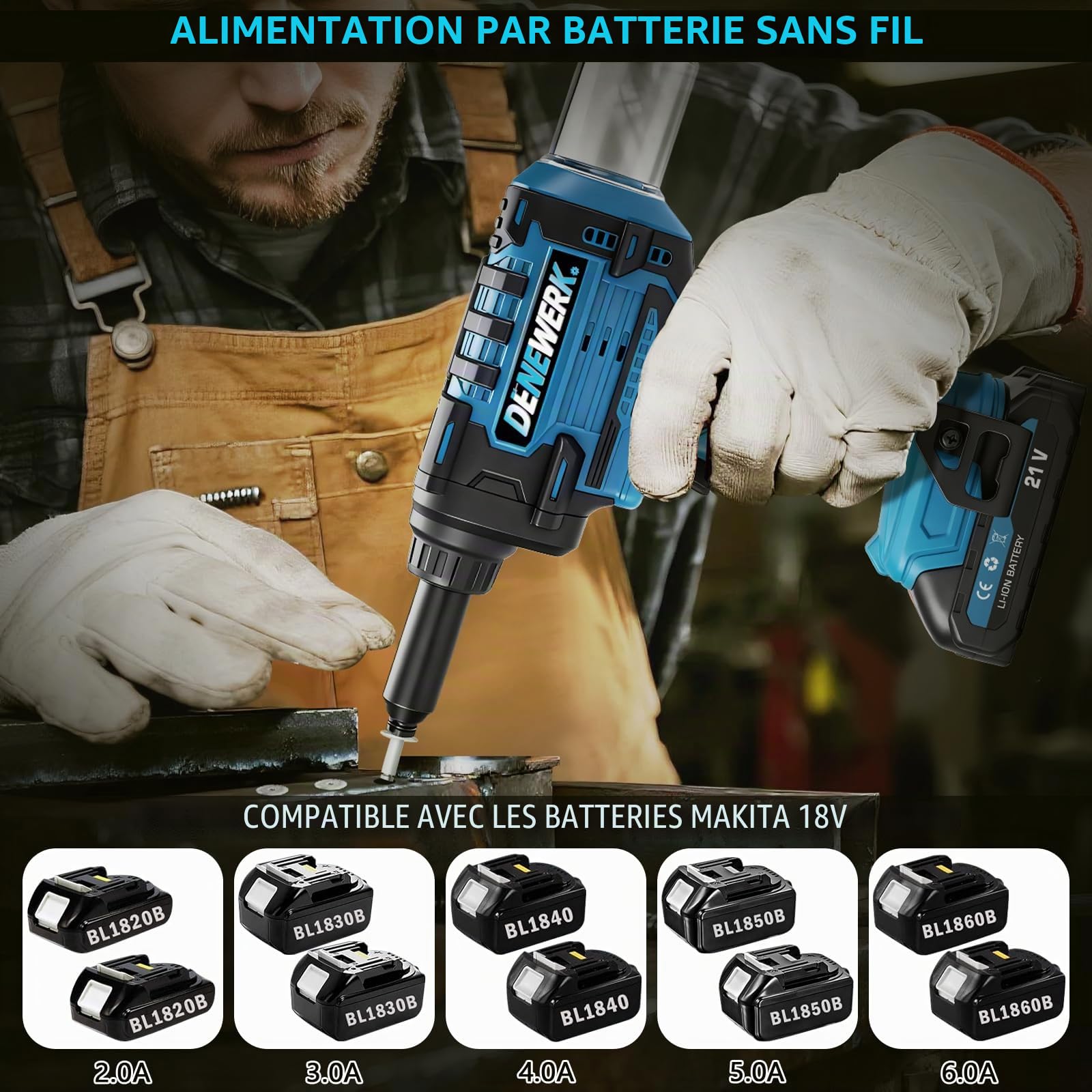Pistolet à riveter sans fil compatible avec Makita 18V, Pince à rivets électrique 10 000N, Pour rivets aveugles en acier 2,4-4,8 mm & rivets aveugles en aluminium 2,4-6 mm, course 25 mm(sans batterie)