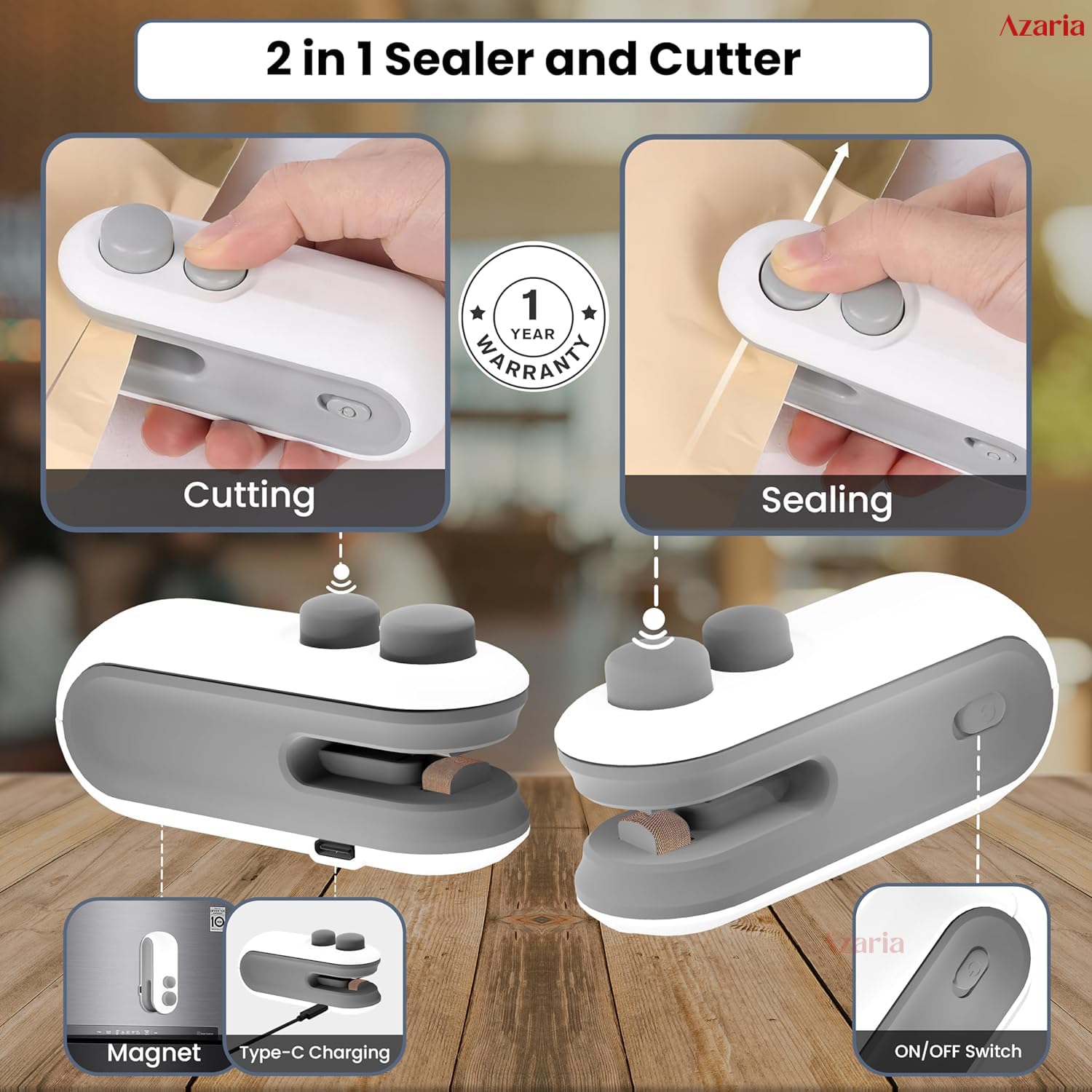 Azaria Portable Mini Sealing Machine, Handheld Packet Sealer, portable sealing machine, packet sealer for Food, Snacks, Chips, Fresh Storage, Plastic Bags Sealing Machine, 1 YEAR Warranty 1