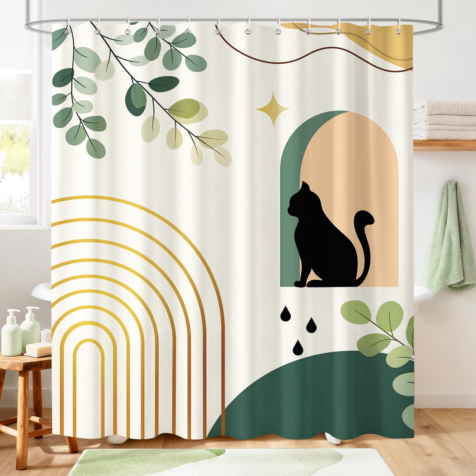 Rideau de douche chat style bohème beige et vert 180x180 cm en textile abstrait mid-century